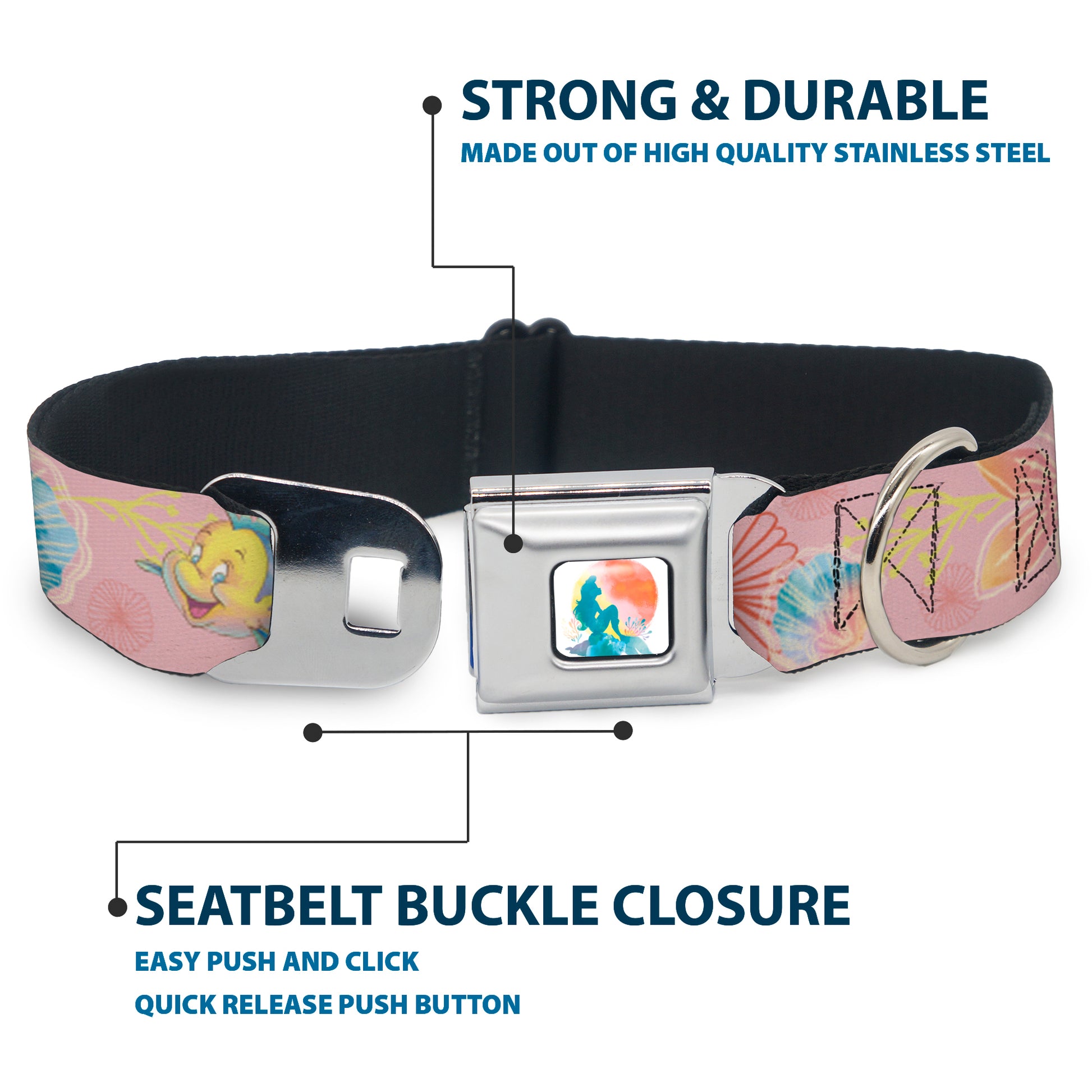 The Little Mermaid Ariel Silhouette Pose Full Color White/Multi Color Seatbelt Buckle Collar - The Little Mermaid Flounder and Sebastian Under the Sea Pinks Seatbelt Buckle Collars Disney