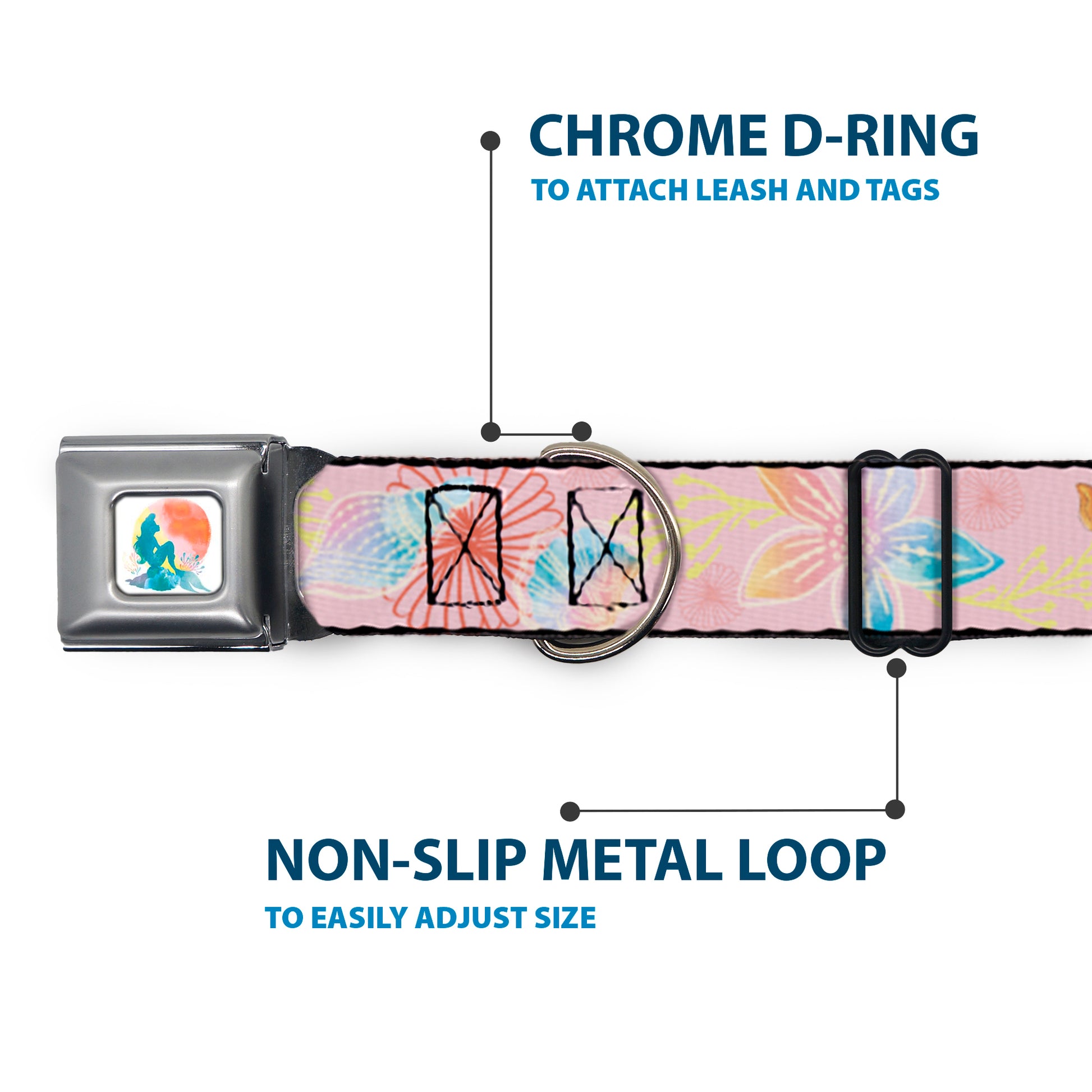 The Little Mermaid Ariel Silhouette Pose Full Color White/Multi Color Seatbelt Buckle Collar - The Little Mermaid Flounder and Sebastian Under the Sea Pinks Seatbelt Buckle Collars Disney