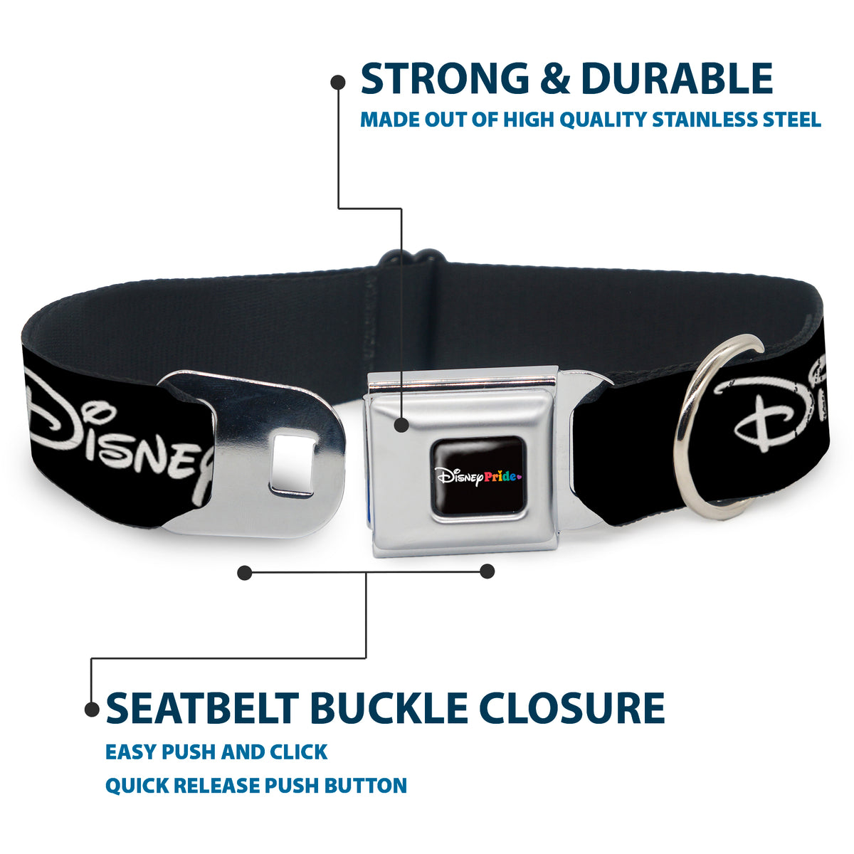 DISNEY PRIDE Signature Logo Full Color Black/White/Rainbow Seatbelt Buckle Collar - DISNEY PRIDE Signature Logo Black/White/Rainbow Dog Collars Seatbelt Buckle Disney