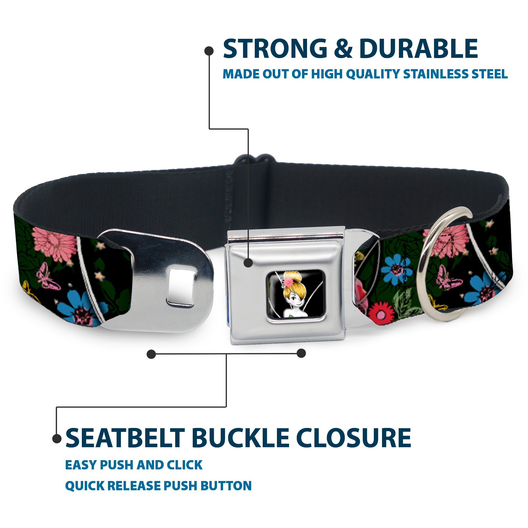 Tinker Bell Sketch Full Color Seatbelt Buckle Collar - Tinker Bell Poses/Sleeping Floral Collage Seatbelt Buckle Collars Disney