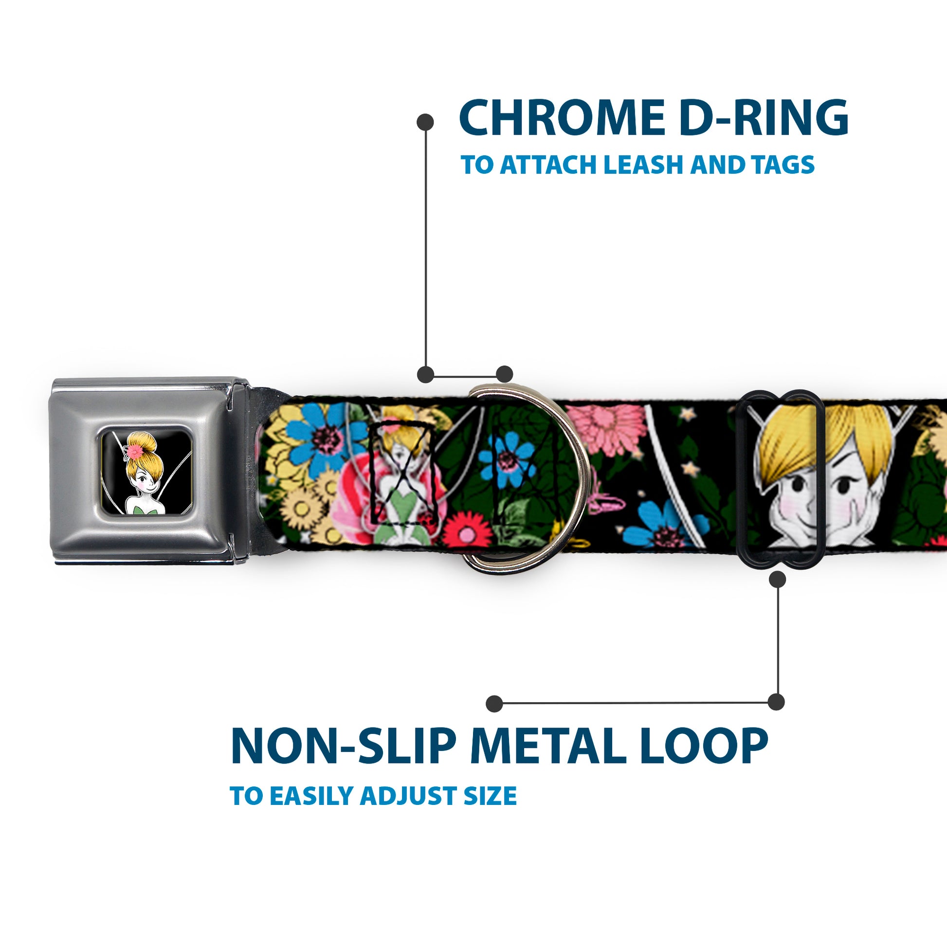 Tinker Bell Sketch Full Color Seatbelt Buckle Collar - Tinker Bell Poses/Sleeping Floral Collage Seatbelt Buckle Collars Disney