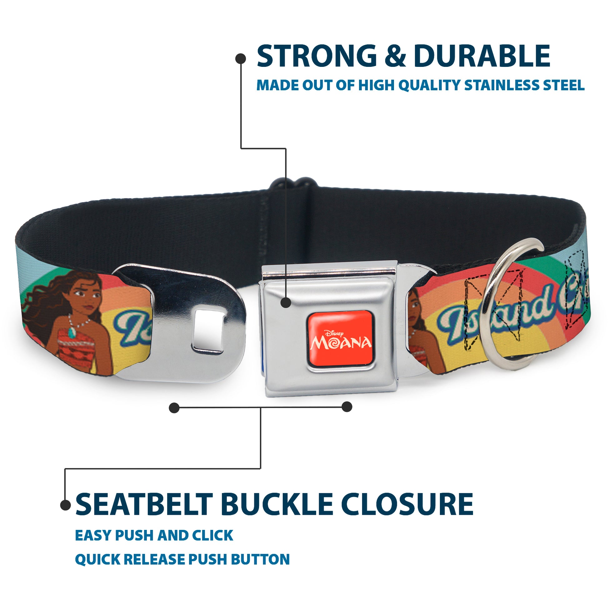 MOANA Title Logo Full Color Orange/White Seatbelt Buckle Collar - Moana ISLAND GIRL Rainbow Pose Blue/Multi Color Seatbelt Buckle Collars Disney