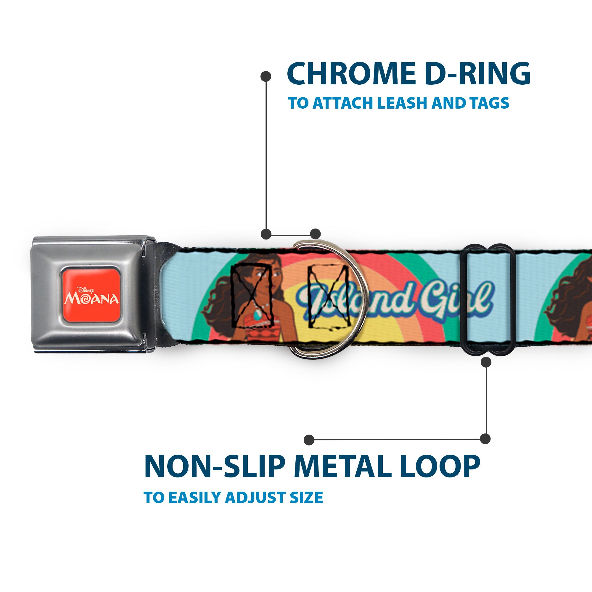MOANA Title Logo Full Color Orange/White Seatbelt Buckle Collar - Moana ISLAND GIRL Rainbow Pose Blue/Multi Color Seatbelt Buckle Collars Disney