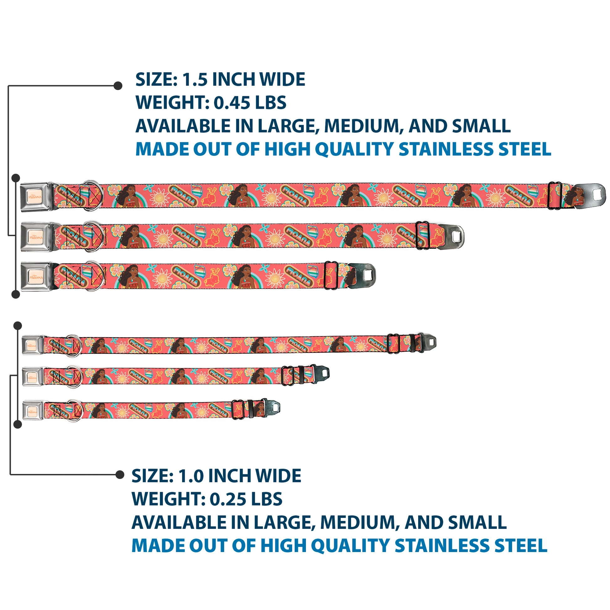 MOANA Title Logo Full Color Beige/Coral Seatbelt Buckle Collar - Moana Pose and Icons Collage Pink Seatbelt Buckle Collars Disney