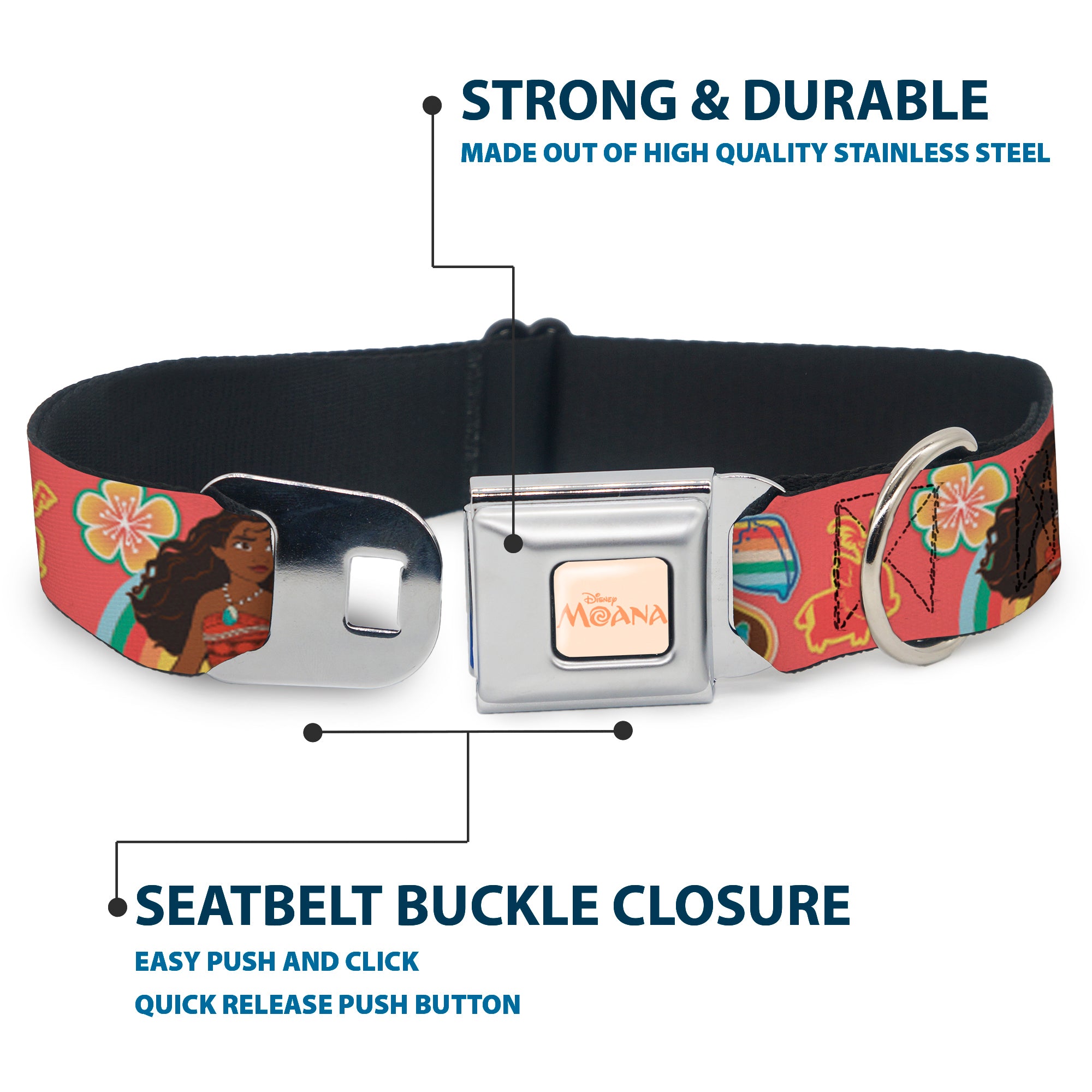 MOANA Title Logo Full Color Beige/Coral Seatbelt Buckle Collar - Moana Pose and Icons Collage Pink Seatbelt Buckle Collars Disney