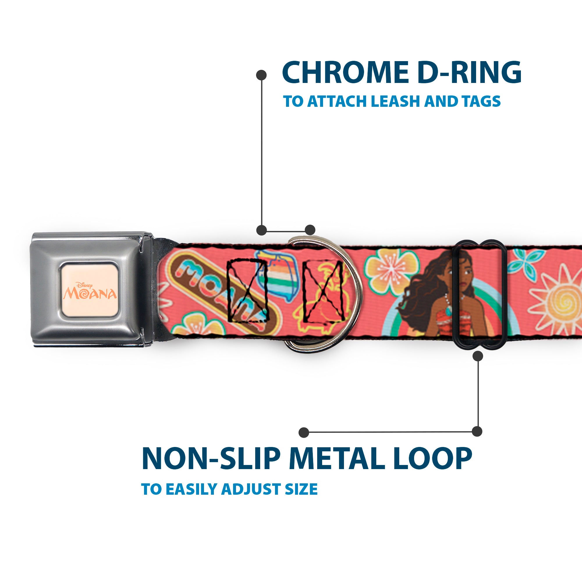 MOANA Title Logo Full Color Beige/Coral Seatbelt Buckle Collar - Moana Pose and Icons Collage Pink Seatbelt Buckle Collars Disney