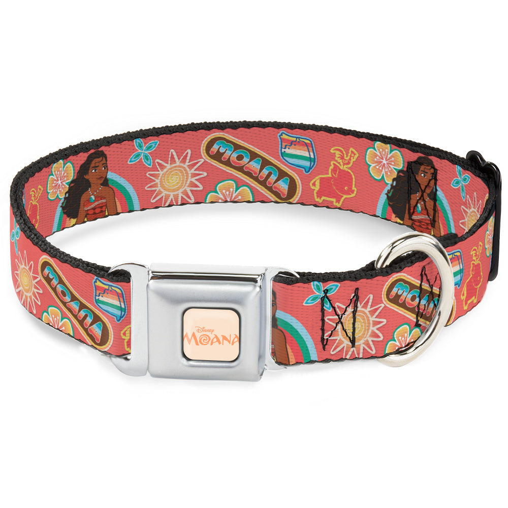 MOANA Title Logo Full Color Beige/Coral Seatbelt Buckle Collar - Moana Pose and Icons Collage Pink Seatbelt Buckle Collars Disney