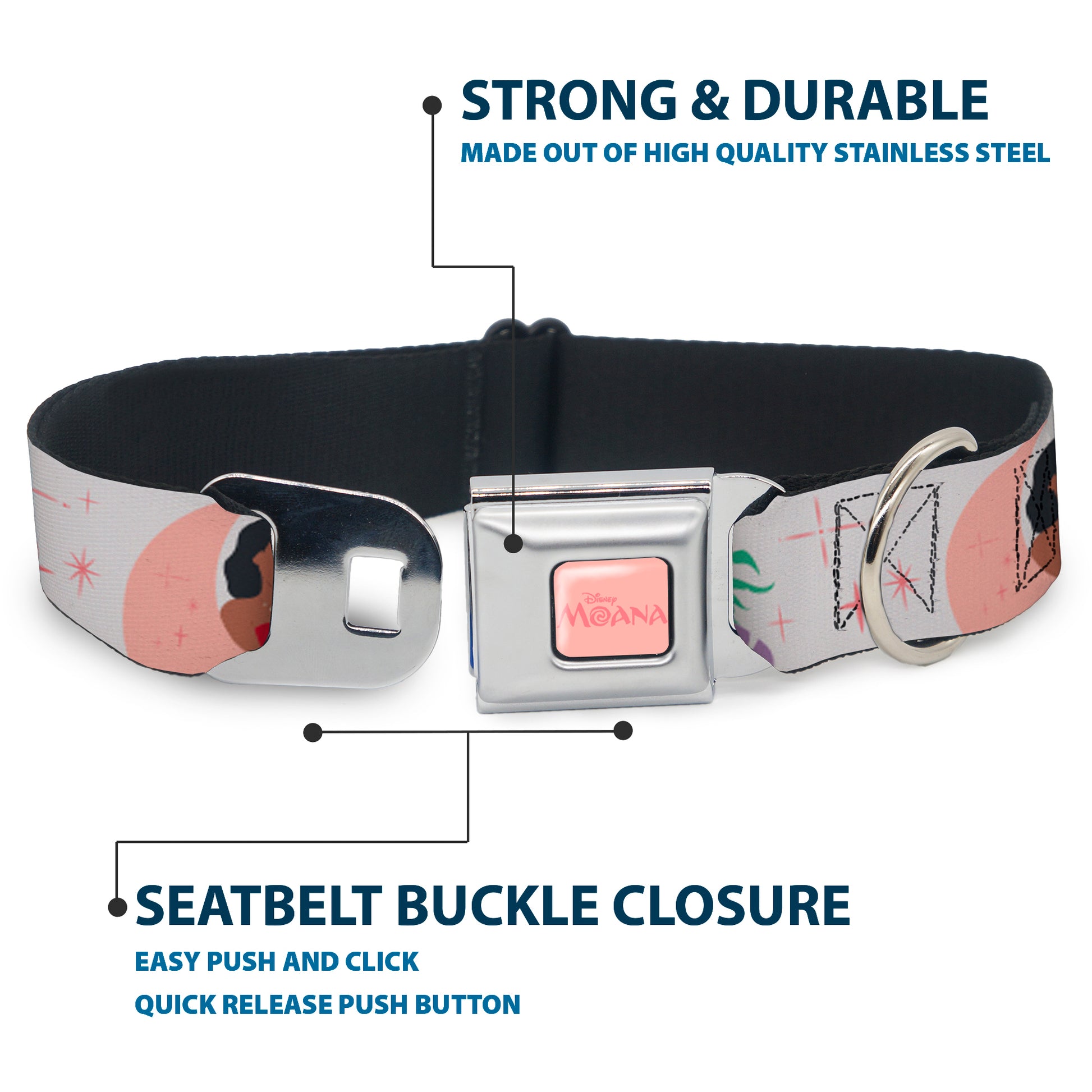 MOANA Title Logo Full Color Pinks Seatbelt Buckle Collar - Moana and Hei Hei Poses with Flowers Beige/Orange Seatbelt Buckle Collars Disney