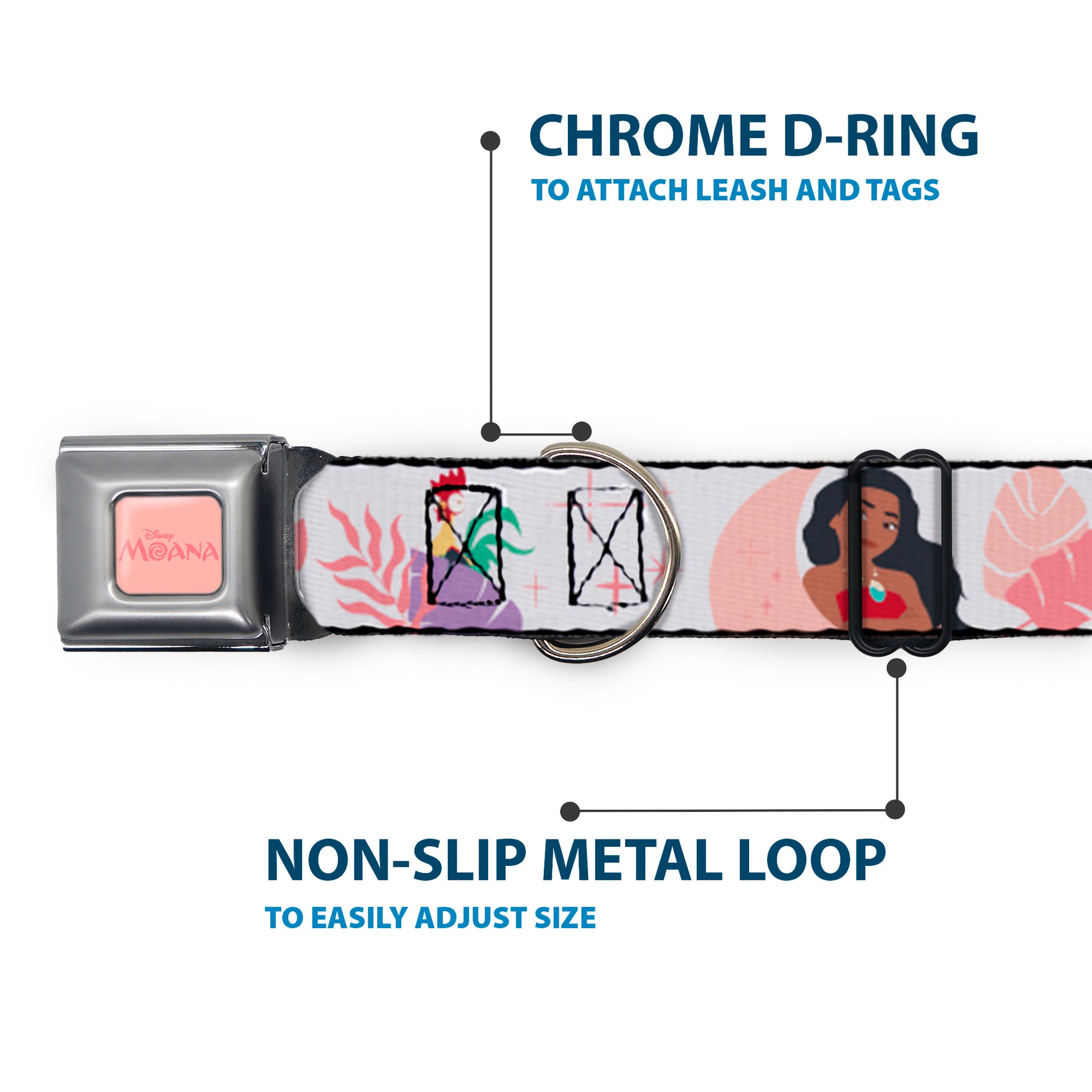 MOANA Title Logo Full Color Pinks Seatbelt Buckle Collar - Moana and Hei Hei Poses with Flowers Beige/Orange Seatbelt Buckle Collars Disney