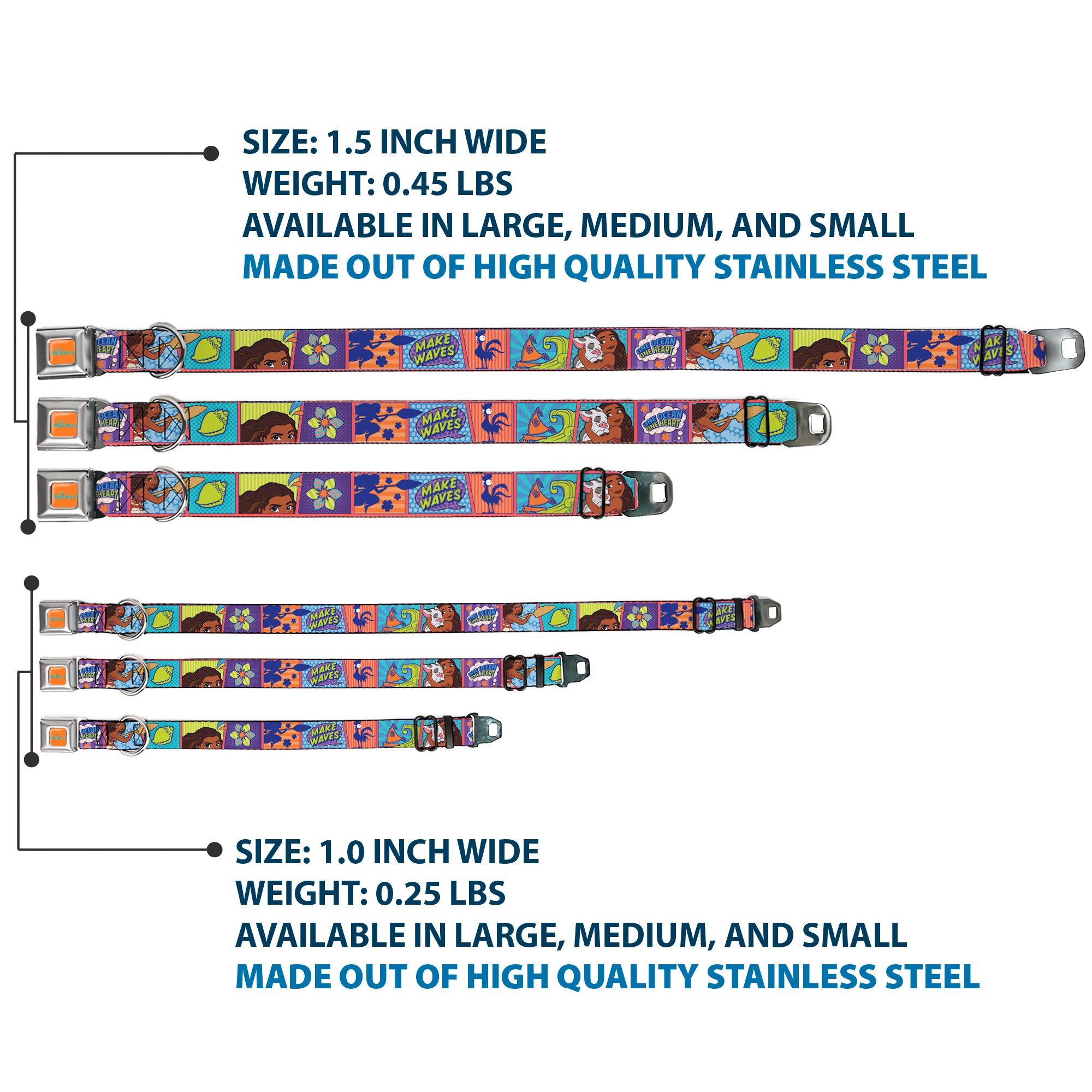 MOANA Title Logo Full Color Orange/Blue Seatbelt Buckle Collar - Moana MAKE WAVES Scene Blocks Blues/Orange Seatbelt Buckle Collars Disney