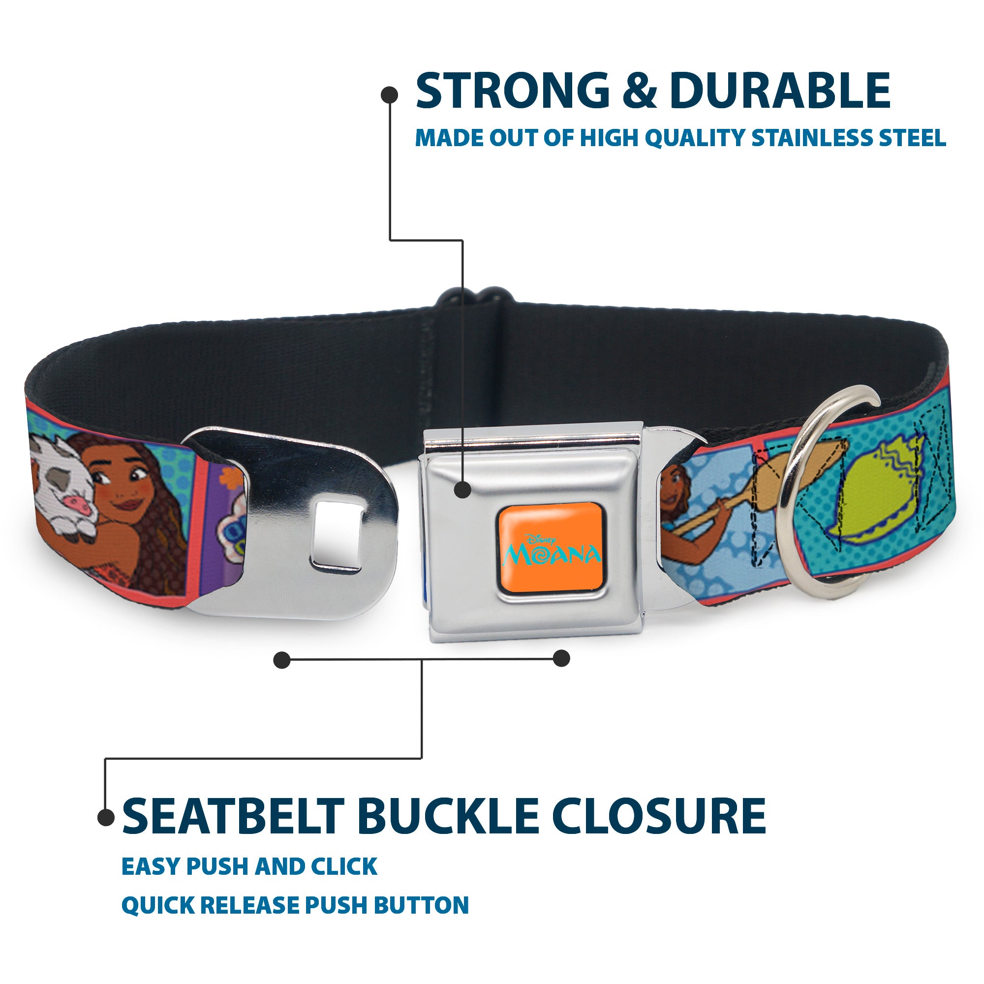 MOANA Title Logo Full Color Orange/Blue Seatbelt Buckle Collar - Moana MAKE WAVES Scene Blocks Blues/Orange Seatbelt Buckle Collars Disney