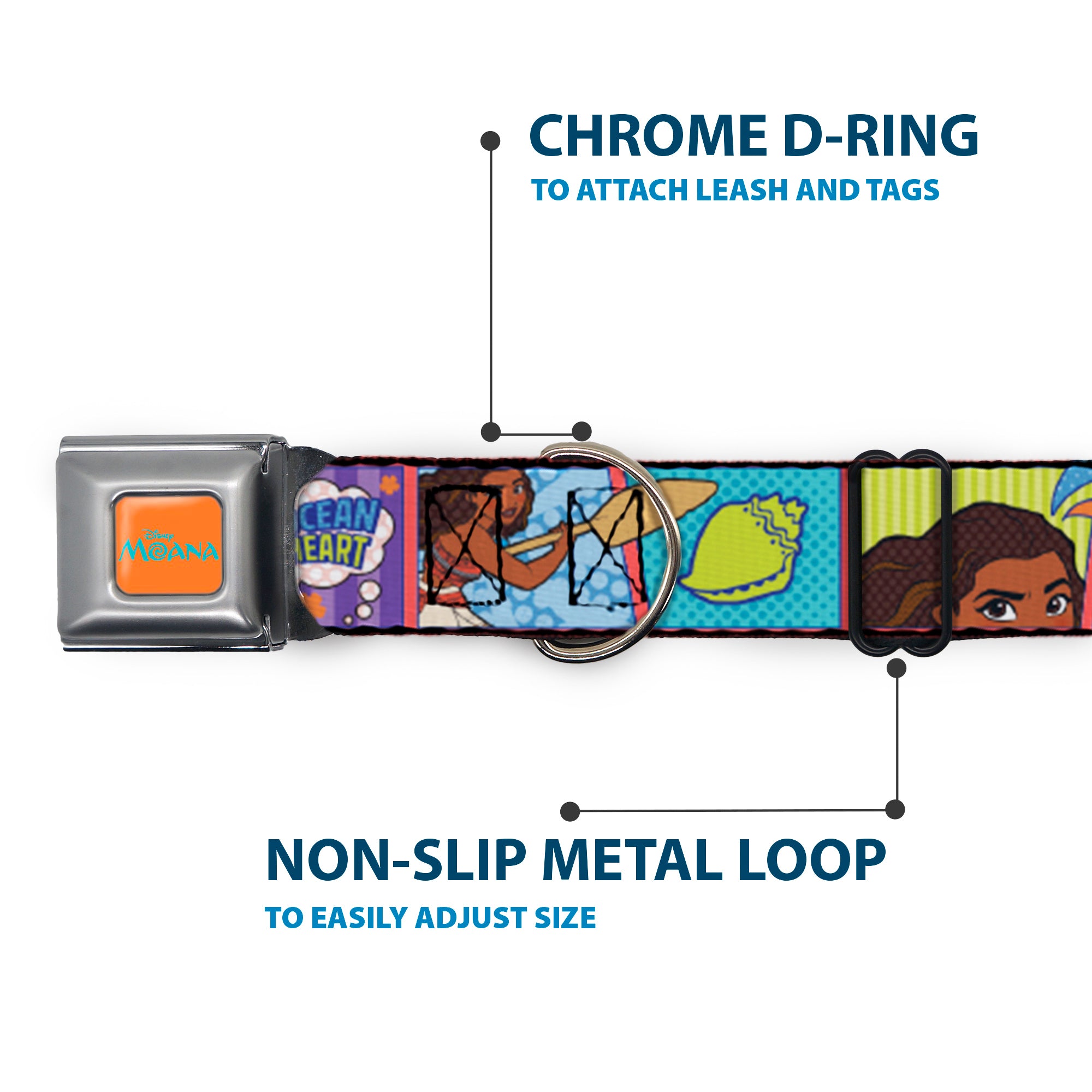 MOANA Title Logo Full Color Orange/Blue Seatbelt Buckle Collar - Moana MAKE WAVES Scene Blocks Blues/Orange Seatbelt Buckle Collars Disney