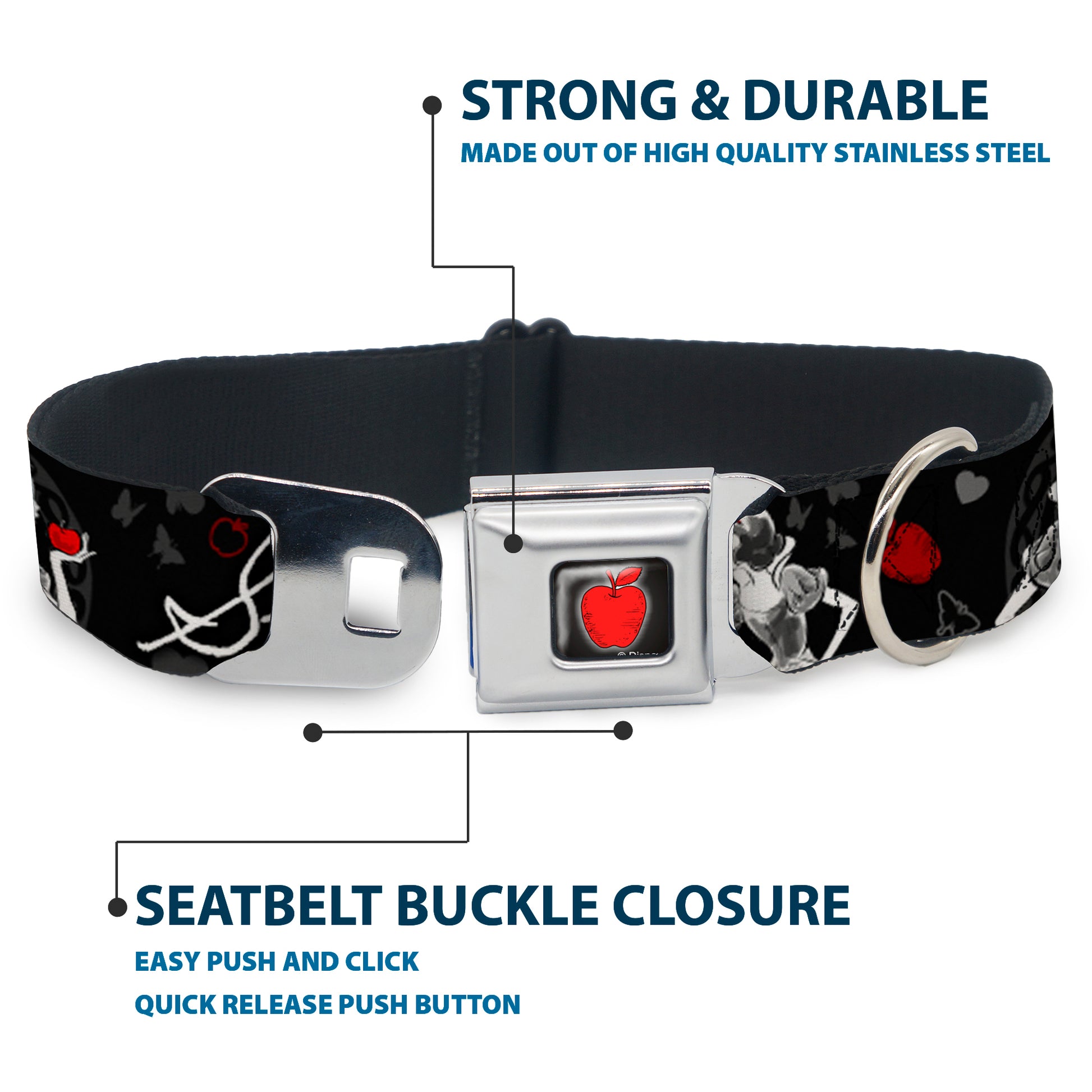 Apple Glow Full Color Black Red Seatbelt Buckle Collar - SNOW WHITE Apple Poses/Butterflies Black/Gray/Red Seatbelt Buckle Collars Disney