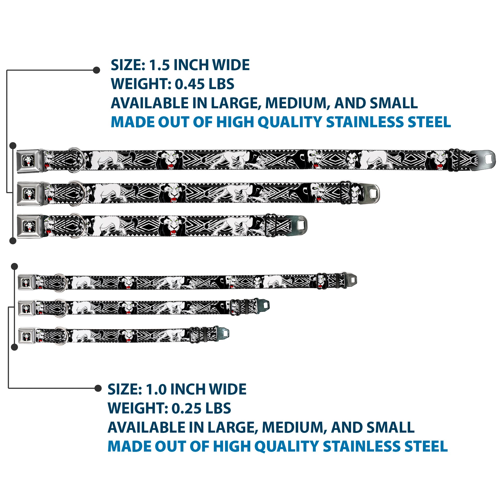Simba Face Full Color Black/White/Red Seatbelt Buckle Collar - Lion King Scar Poses White/Black Seatbelt Buckle Collars Disney