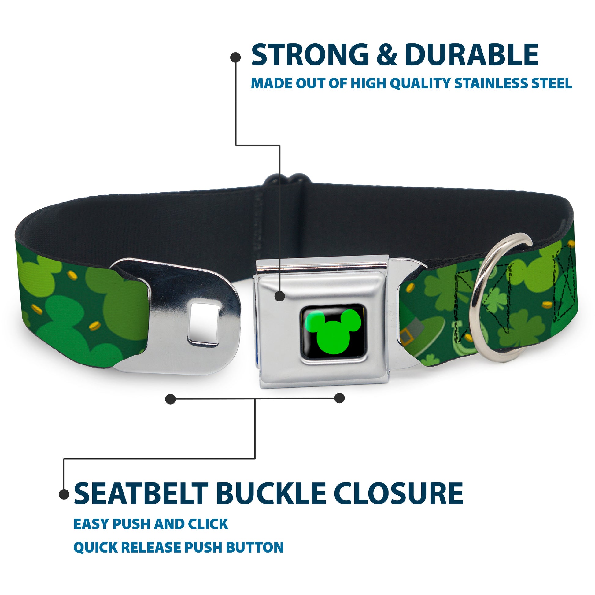Mickey Silhouette Full Color Black Green Seatbelt Buckle Collar - St. Patrick's Day Mickey Collage Greens Seatbelt Buckle Collars Disney