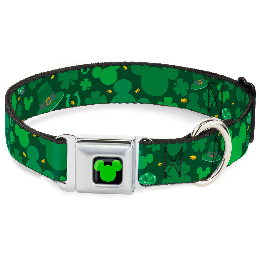 Mickey Silhouette Full Color Black Green Seatbelt Buckle Collar - St. Patrick's Day Mickey Collage Greens Seatbelt Buckle Collars Disney