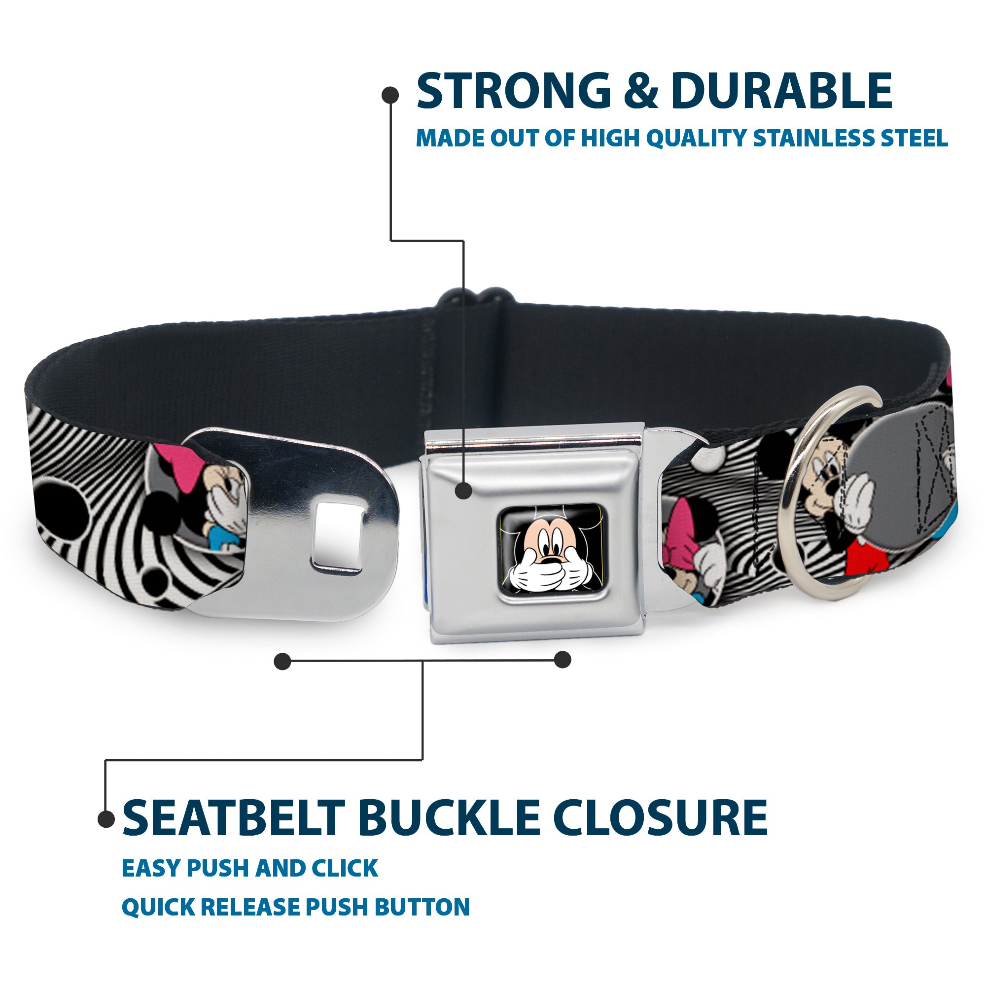 Mickey Mouse Expression3 Full Color Black Seatbelt Buckle Collar - Mickey & Minnie Peek-a-Boo Expressions Swirl Black/White Seatbelt Buckle Collars Disney