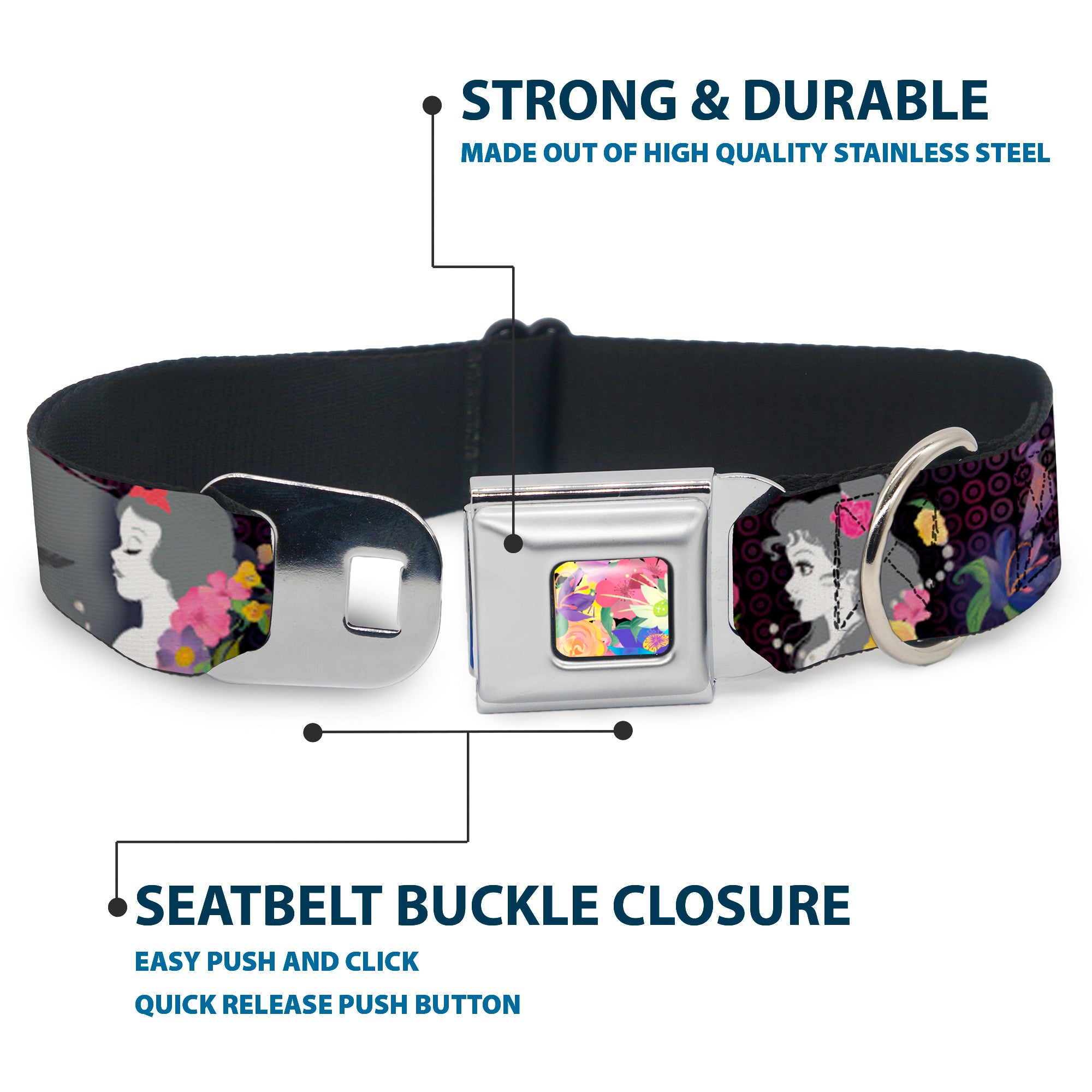 Floral Collage Full Color Multi Pastel Seatbelt Buckle Collar - Princess Silhouettes Dots Black/Purple/Gray/Multi Color Seatbelt Buckle Collars Disney
