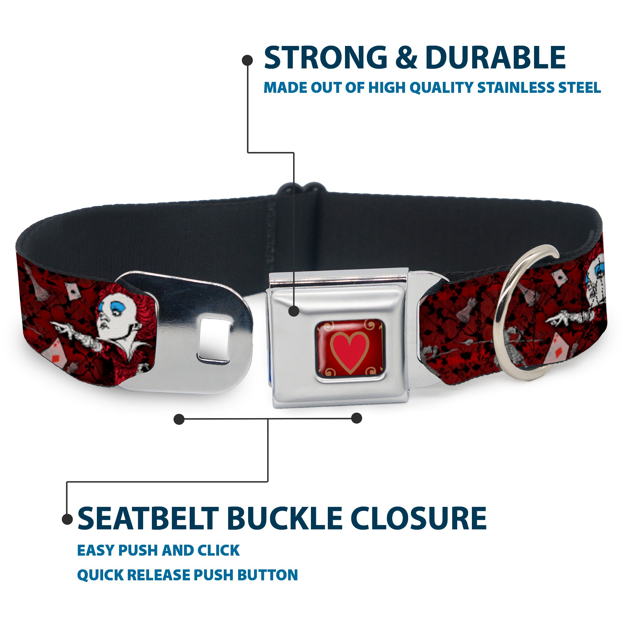 Queen's Heart Full Color Reds Gold Seatbelt Buckle Collar - Queen of Hearts Poses/Hearts/Cards Reds/Black Seatbelt Buckle Collars Disney