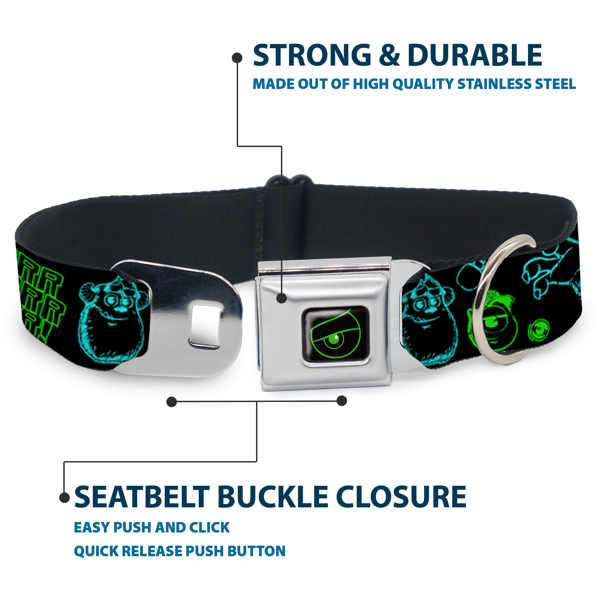 Monsters Eye Full Color Black/Neon Green Seatbelt Buckle Collar - Monsters Inc. Sully & Mike Poses/GRRRRR! Black/Turquoise/Green Seatbelt Buckle Collars Disney