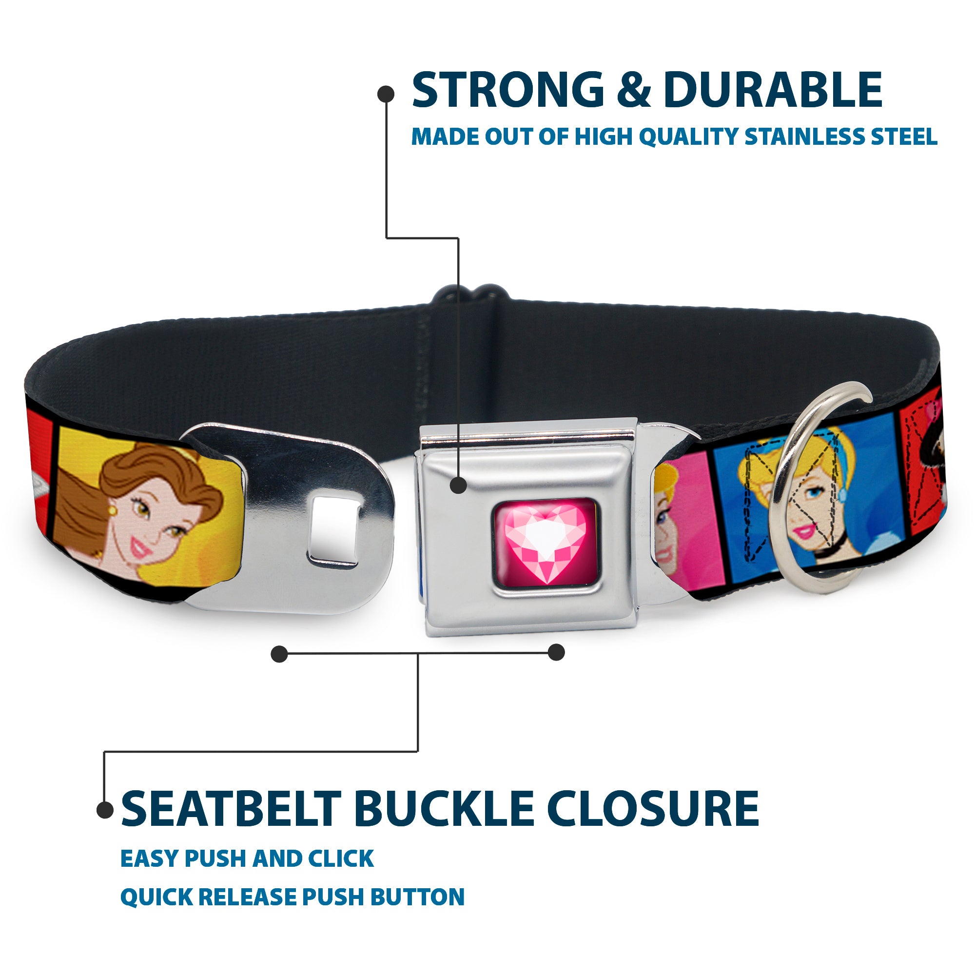 Princess Gem Heart Full Color Black Pink Seatbelt Buckle Collar - Disney Princess Blocks Seatbelt Buckle Collars Disney