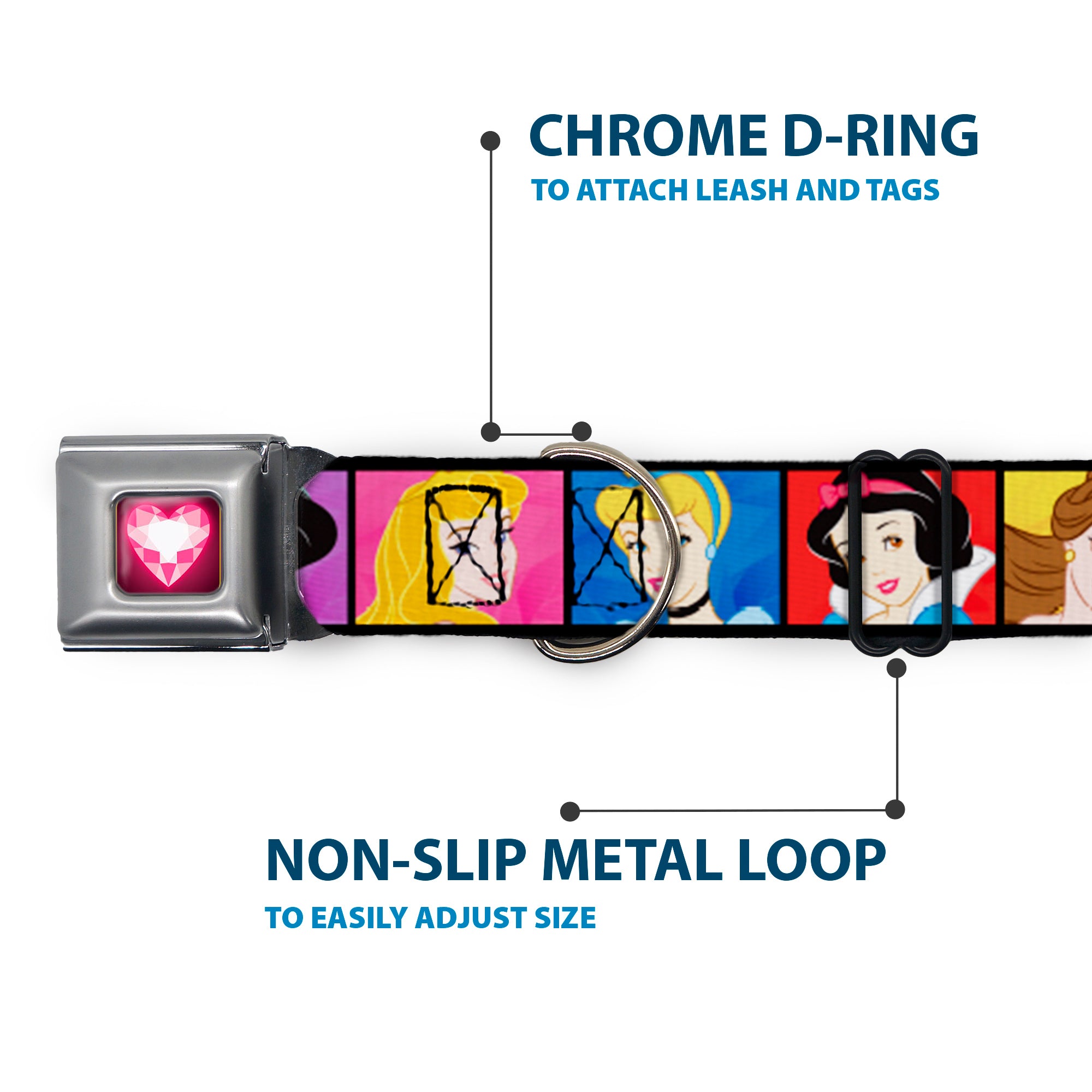 Princess Gem Heart Full Color Black Pink Seatbelt Buckle Collar - Disney Princess Blocks Seatbelt Buckle Collars Disney