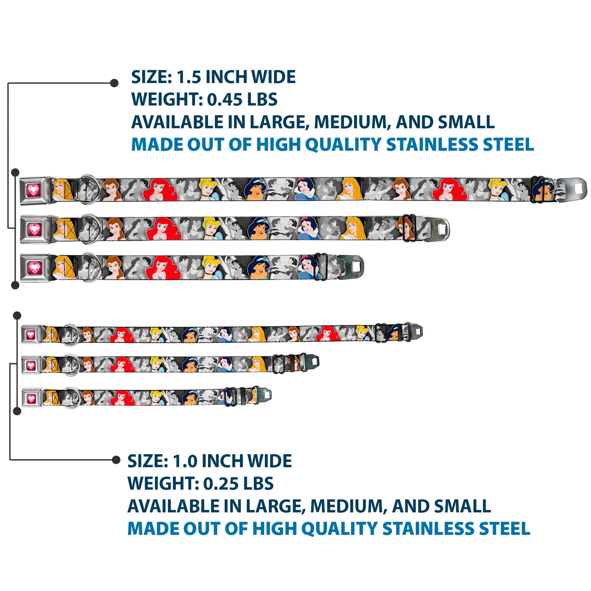 Princess Gem Heart Full Color Black/Pink Seatbelt Buckle Collar - Princess Pose/Princess & Prince Scene Grays/Multi Color Seatbelt Buckle Collars Disney
