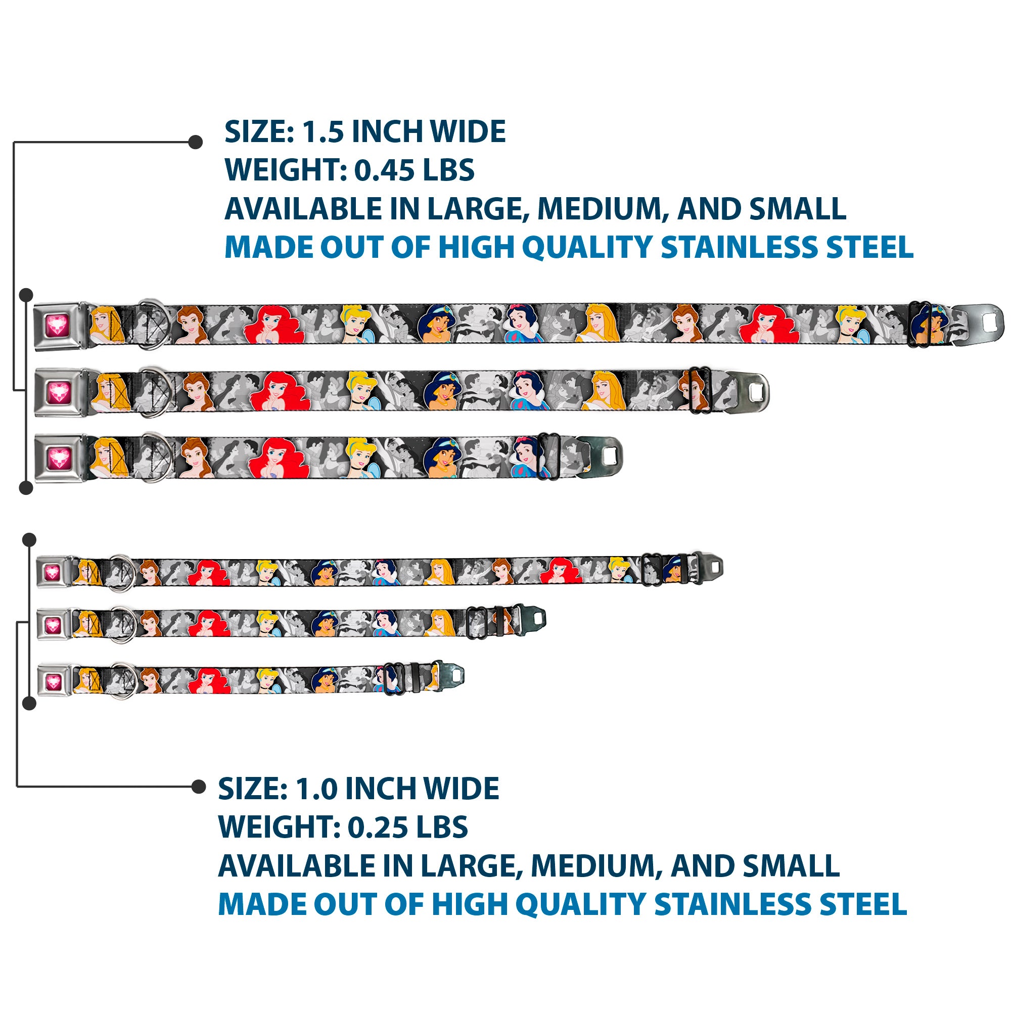 Princess Gem Heart Full Color Black/Pink Seatbelt Buckle Collar - Princess Pose/Princess & Prince Scene Grays/Multi Color Seatbelt Buckle Collars Disney