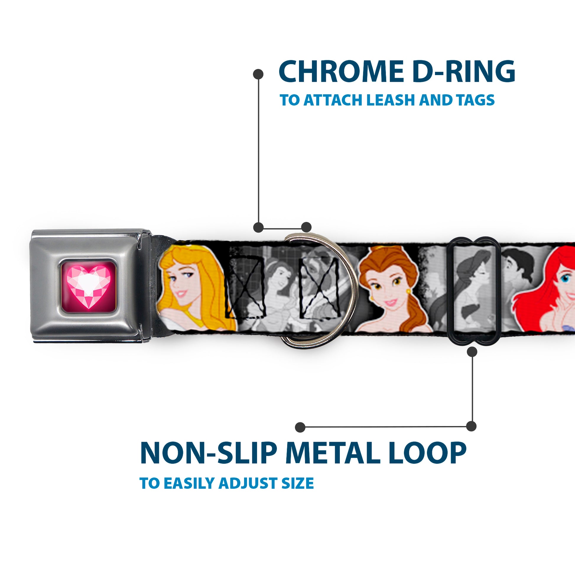 Princess Gem Heart Full Color Black/Pink Seatbelt Buckle Collar - Princess Pose/Princess & Prince Scene Grays/Multi Color Seatbelt Buckle Collars Disney