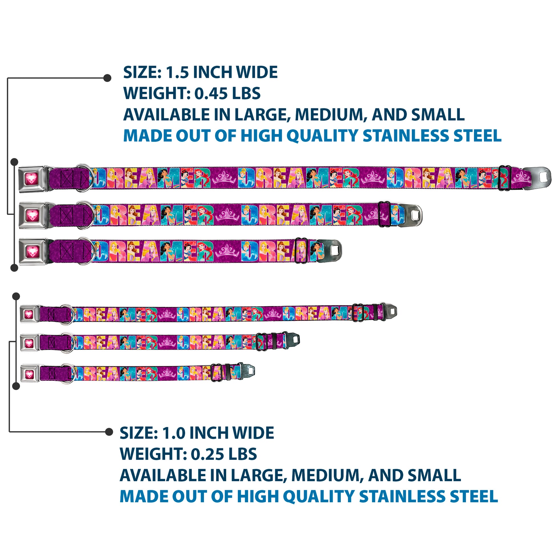 Princess Gem Heart Full Color Black/Pink Seatbelt Buckle Collar - Disney DREAMER 7-Sparkling Princesses/Tiara Purple/White Seatbelt Buckle Collars Disney