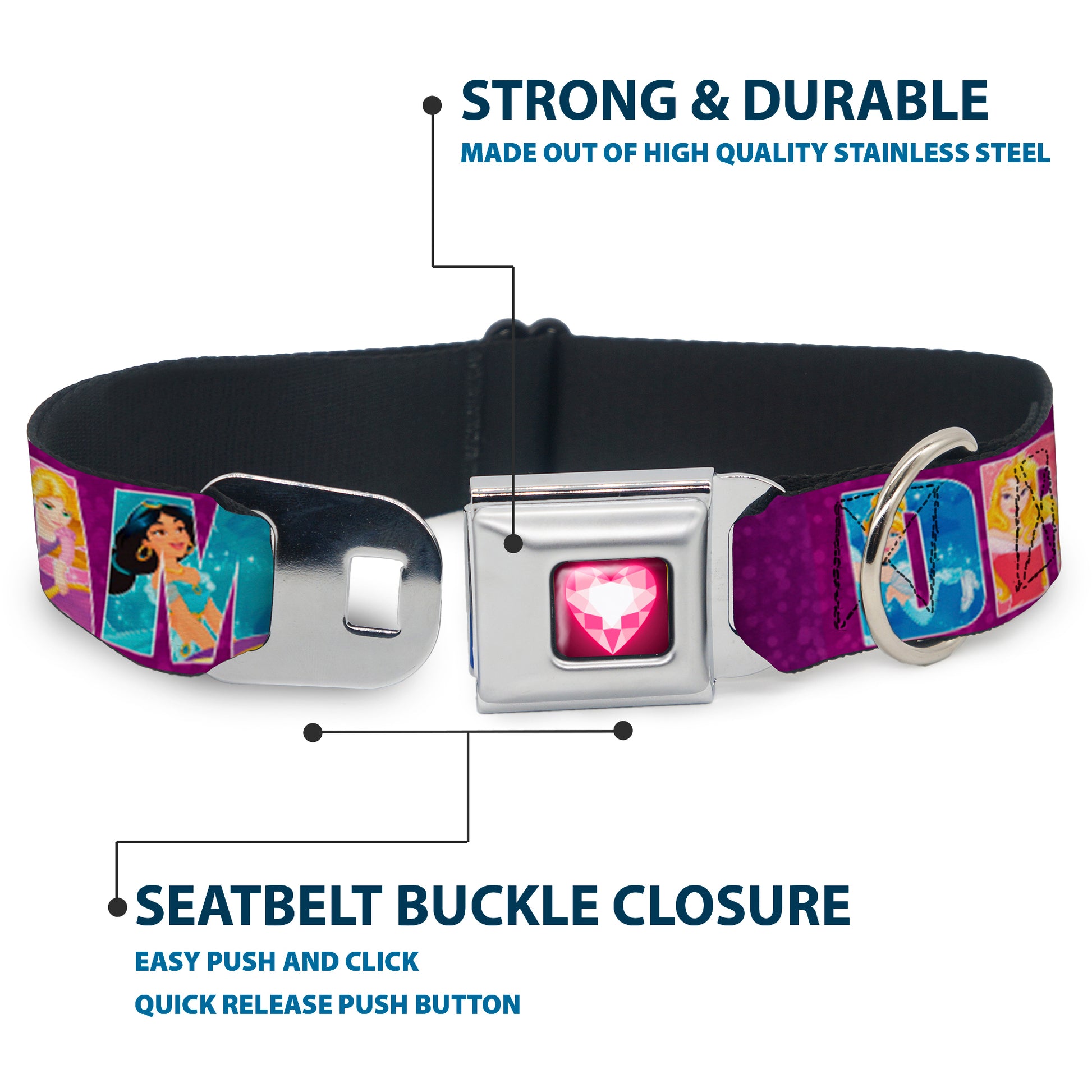 Princess Gem Heart Full Color Black/Pink Seatbelt Buckle Collar - Disney DREAMER 7-Sparkling Princesses/Tiara Purple/White Seatbelt Buckle Collars Disney
