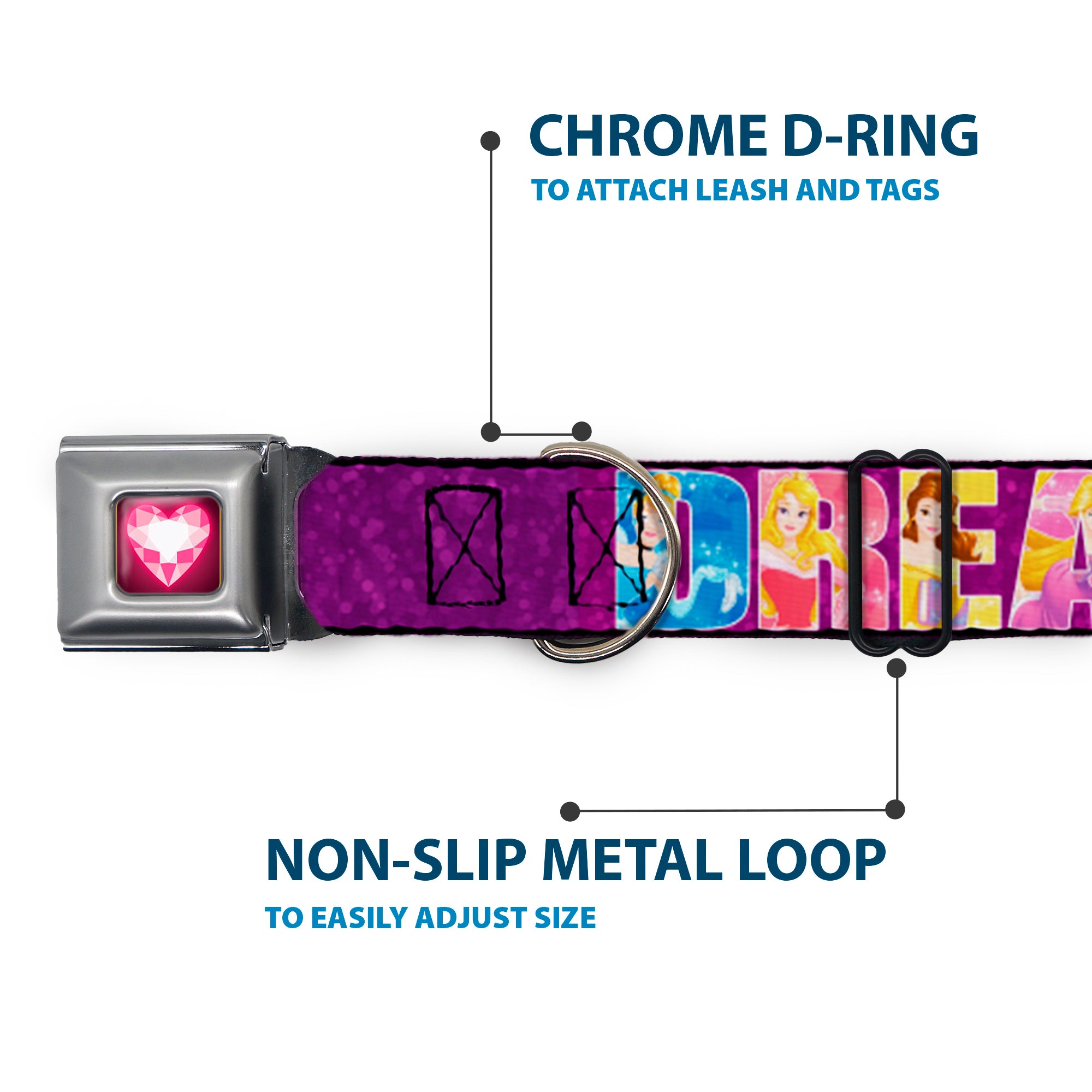 Princess Gem Heart Full Color Black/Pink Seatbelt Buckle Collar - Disney DREAMER 7-Sparkling Princesses/Tiara Purple/White Seatbelt Buckle Collars Disney