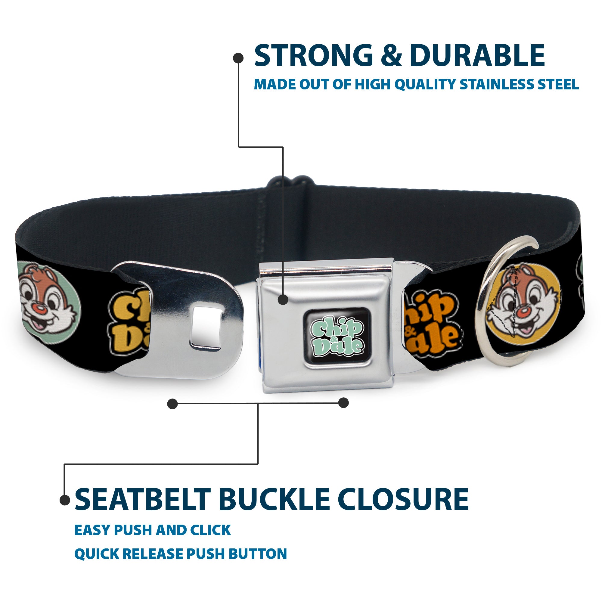 CHIP & DALE Text Logo Full Color Black/Gray Seatbelt Buckle Collar - CHIP & DALE Expression Bubbles Black/Multi Color Seatbelt Buckle Collars Disney