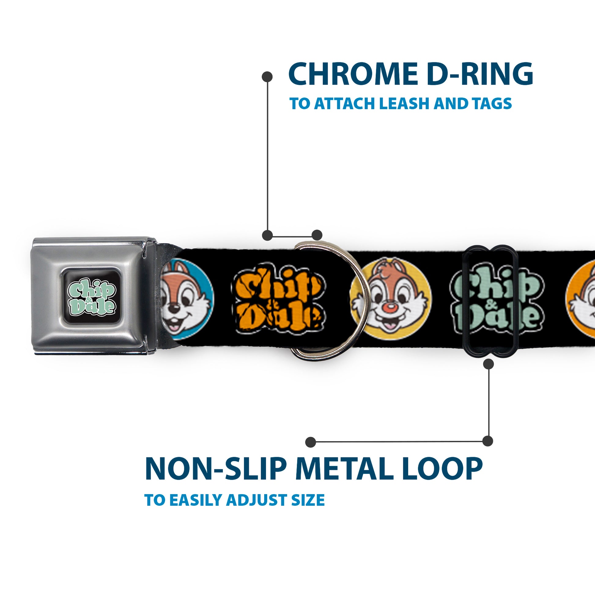 CHIP & DALE Text Logo Full Color Black/Gray Seatbelt Buckle Collar - CHIP & DALE Expression Bubbles Black/Multi Color Seatbelt Buckle Collars Disney