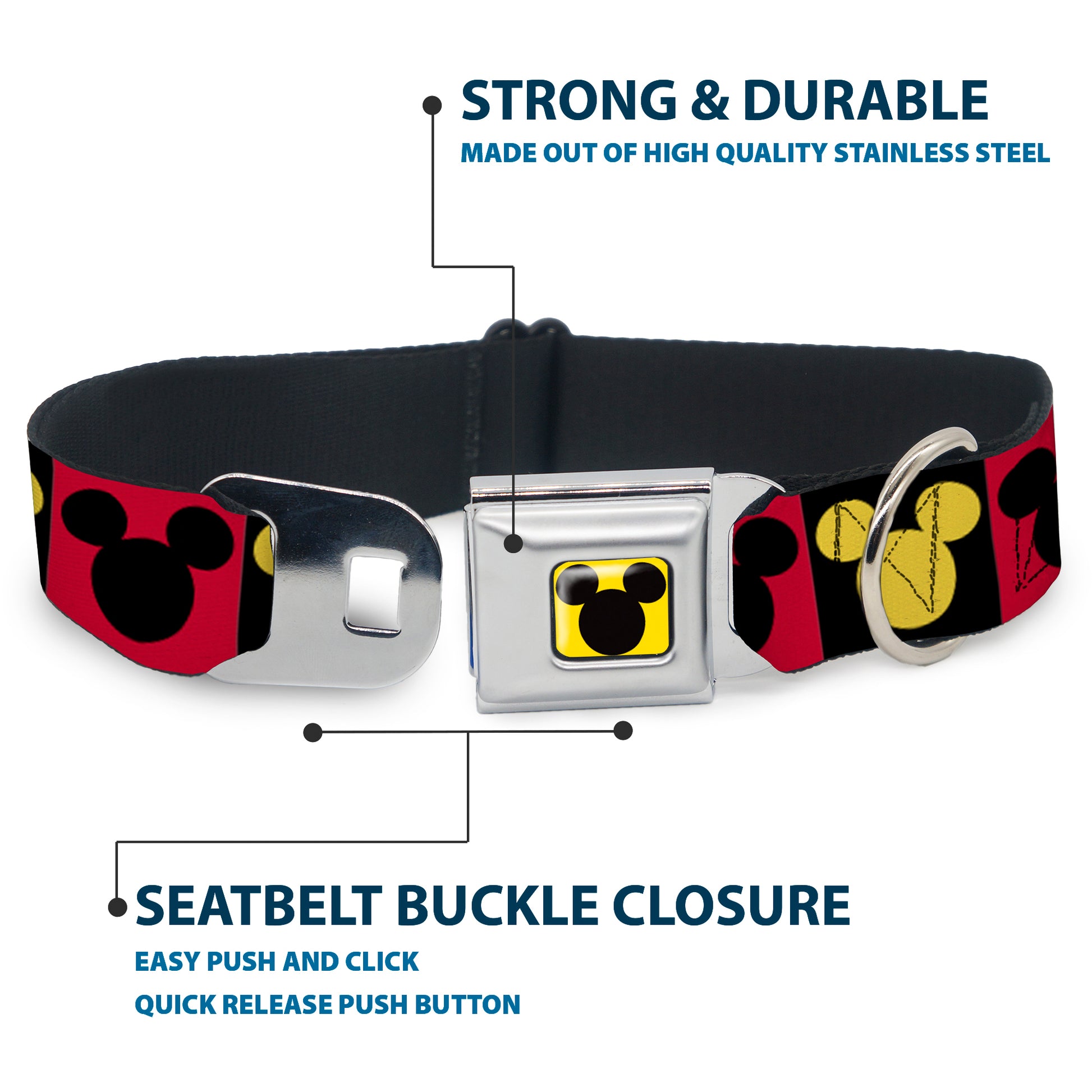 Mickey Mouse Ears Full Color Yellow/Black Seatbelt Buckle Collar - Mickey Mouse Ears Icon Blocks Red/Black/Yellow Seatbelt Buckle Collars Disney