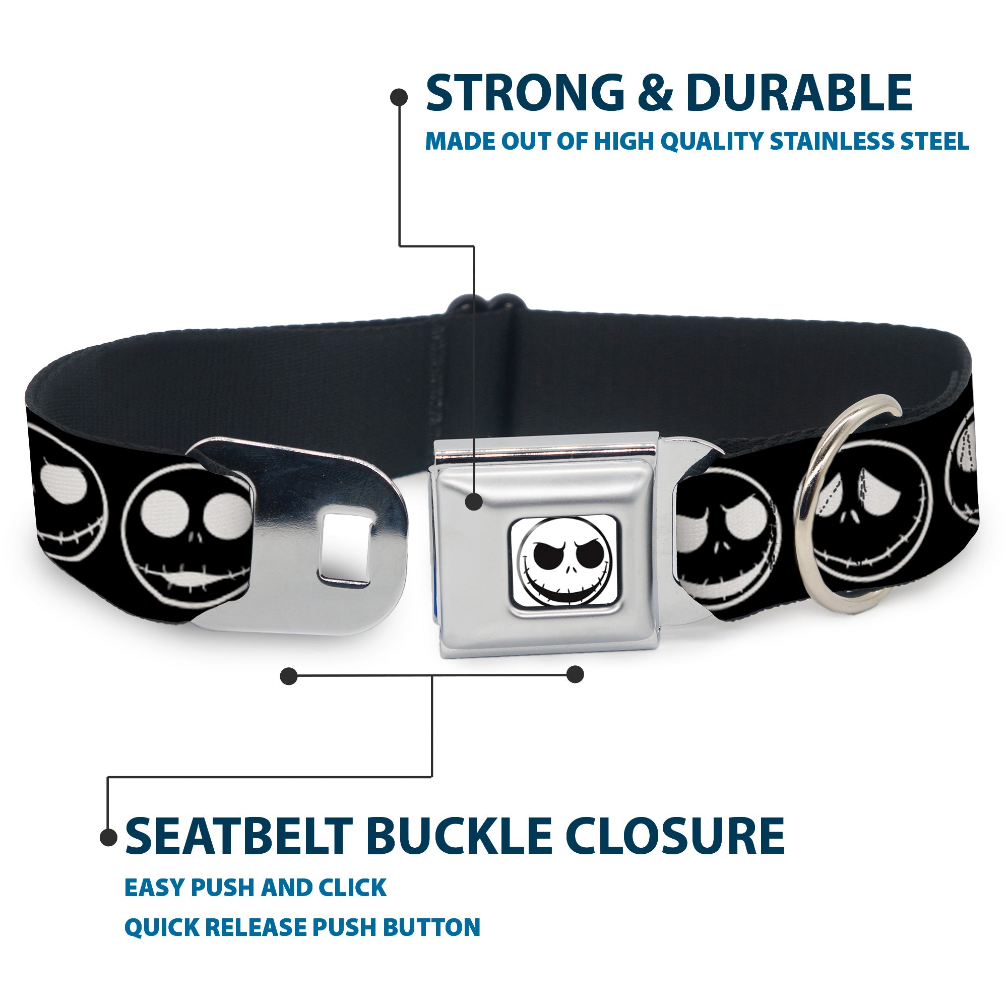 The Nightmare Before Christmas Jack Smiling Full Color White/Black Seatbelt Buckle Collar - The Nightmare Before Christmas Jack 5-Expressions Black/White Seatbelt Buckle Collars Disney