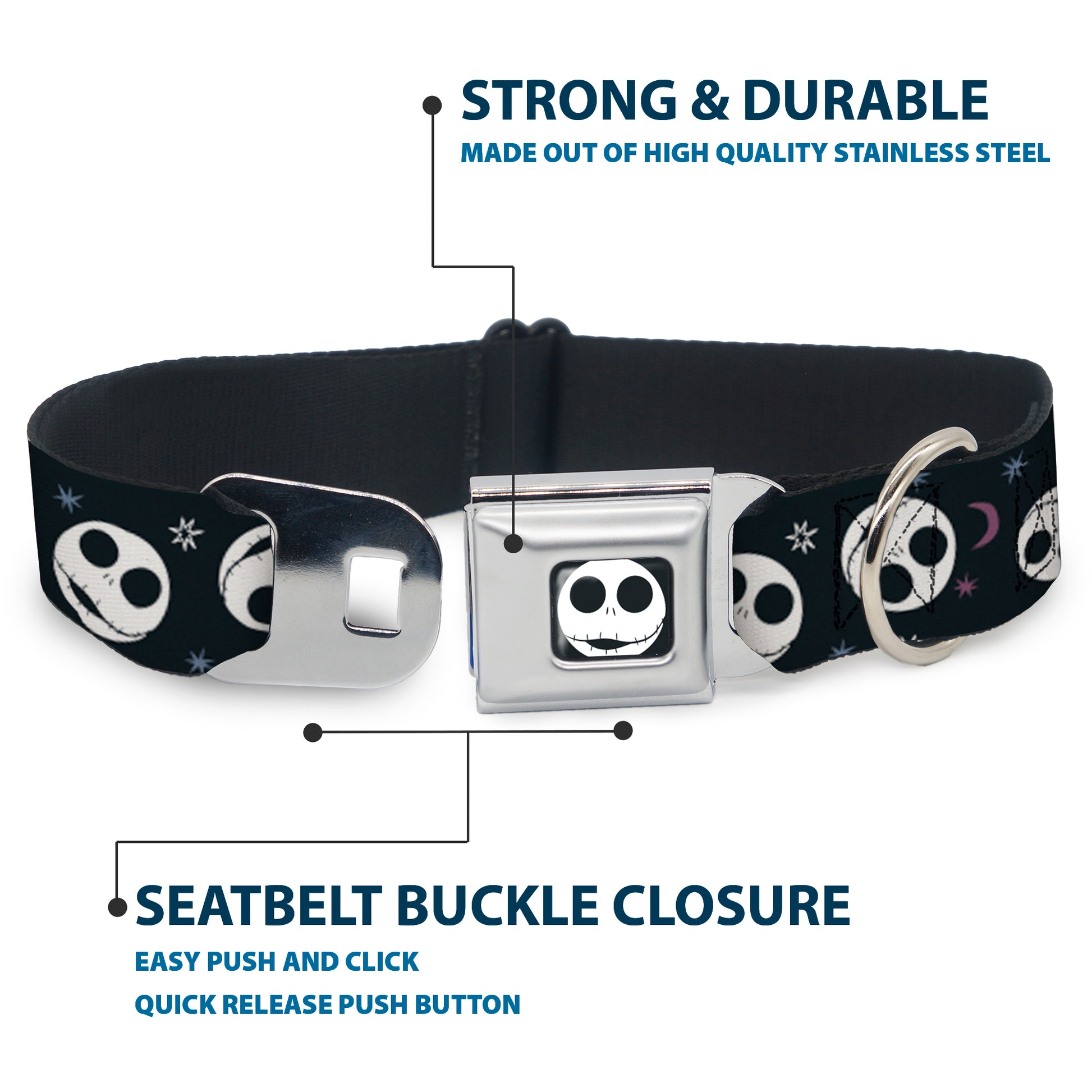 The Nightmare Before Christmas Jack Smiling Full Color Black/White Seatbelt Buckle Collar - The Nightmare Before Christmas Smiling Jack Moon and Stars Black Seatbelt Buckle Collars Disney