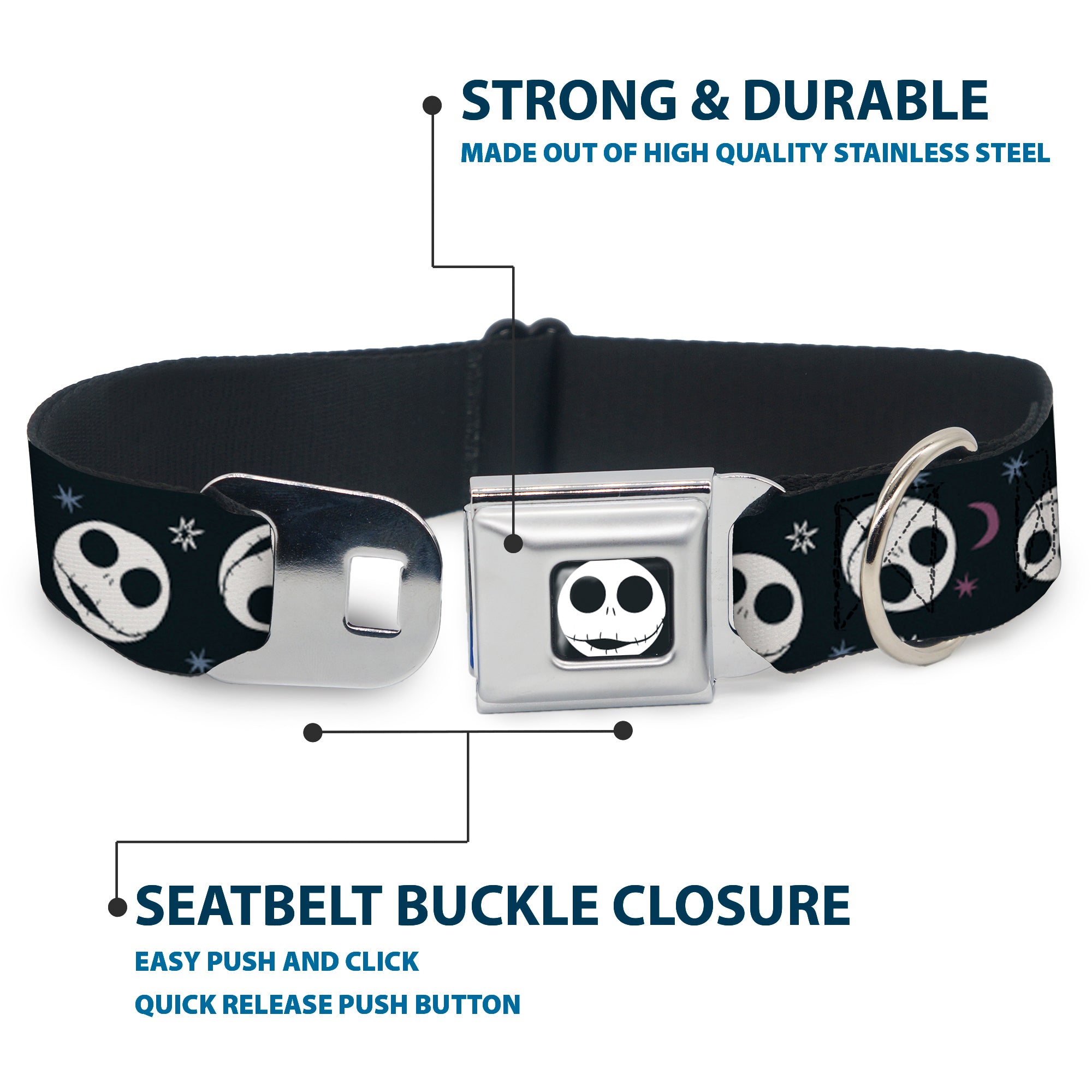 The Nightmare Before Christmas Jack Smiling Full Color Black/White Seatbelt Buckle Collar - The Nightmare Before Christmas Smiling Jack Moon and Stars Black Seatbelt Buckle Collars Disney