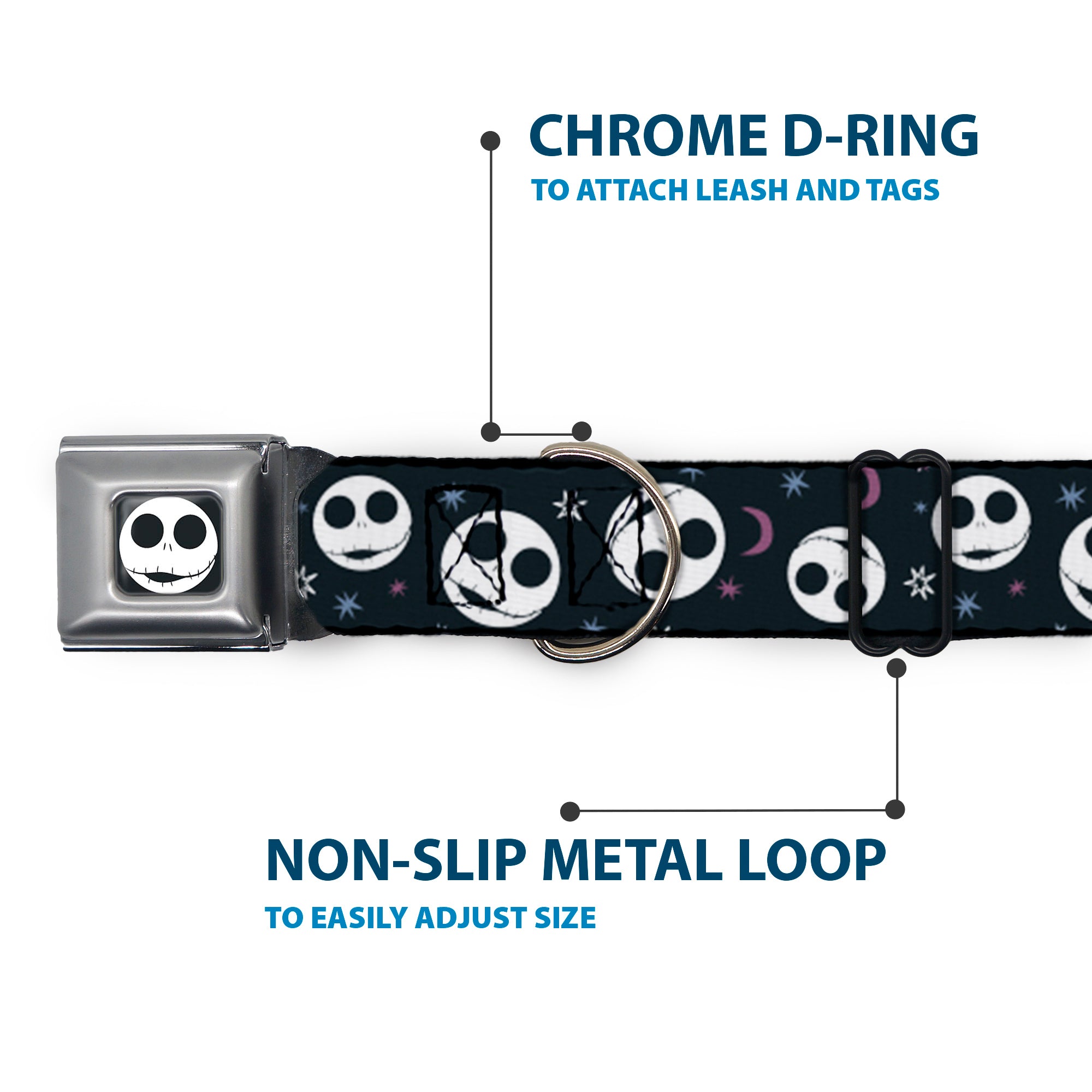 The Nightmare Before Christmas Jack Smiling Full Color Black/White Seatbelt Buckle Collar - The Nightmare Before Christmas Smiling Jack Moon and Stars Black Seatbelt Buckle Collars Disney
