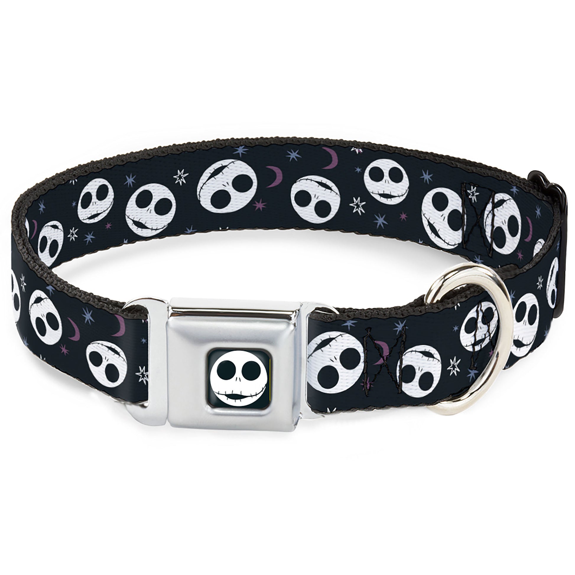 The Nightmare Before Christmas Jack Smiling Full Color Black/White Seatbelt Buckle Collar - The Nightmare Before Christmas Smiling Jack Moon and Stars Black Seatbelt Buckle Collars Disney