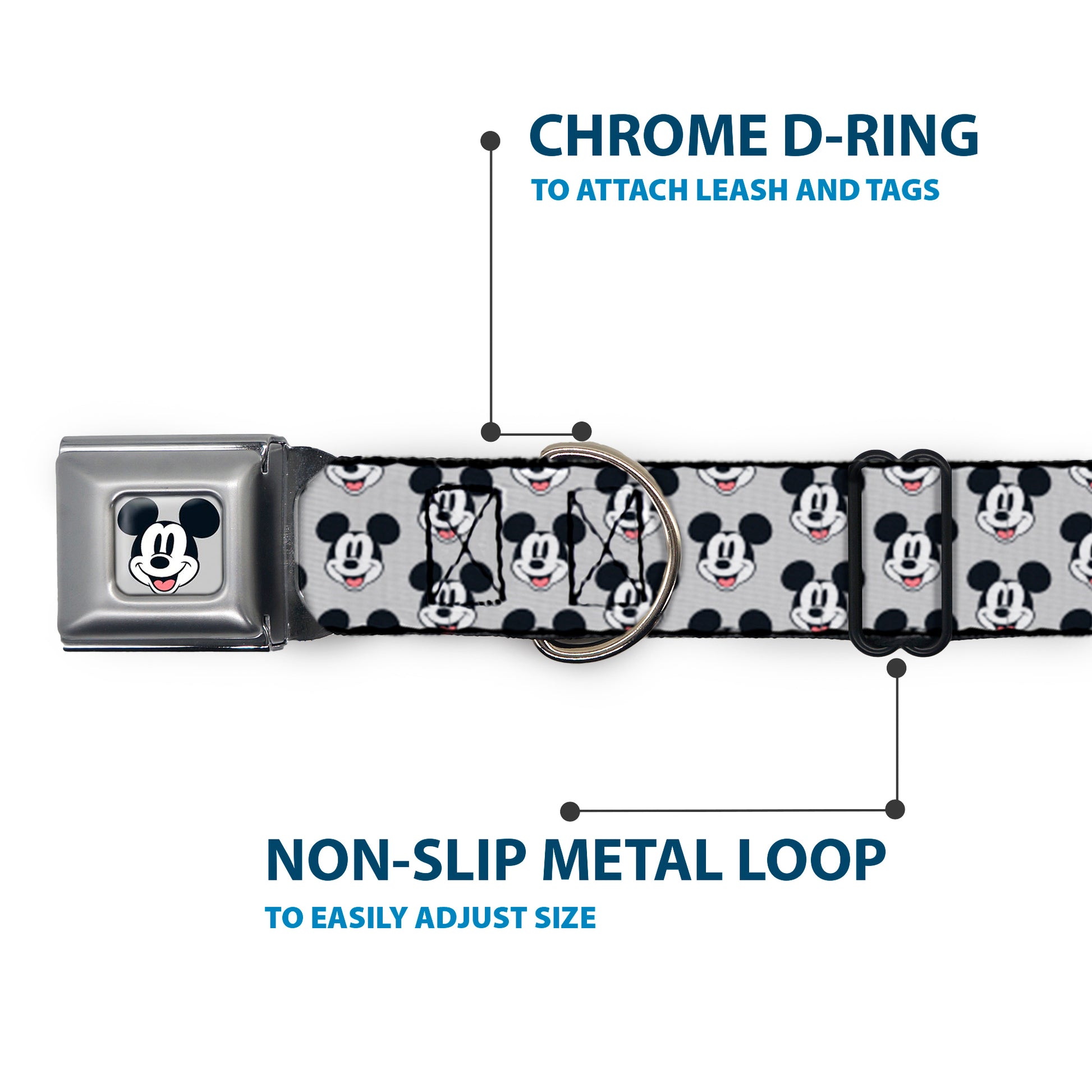 Mickey Mouse Smiling Face Full Color Gray Seatbelt Buckle Collar - Mickey Mouse Smiling Face Monogram Gray Seatbelt Buckle Collars Disney