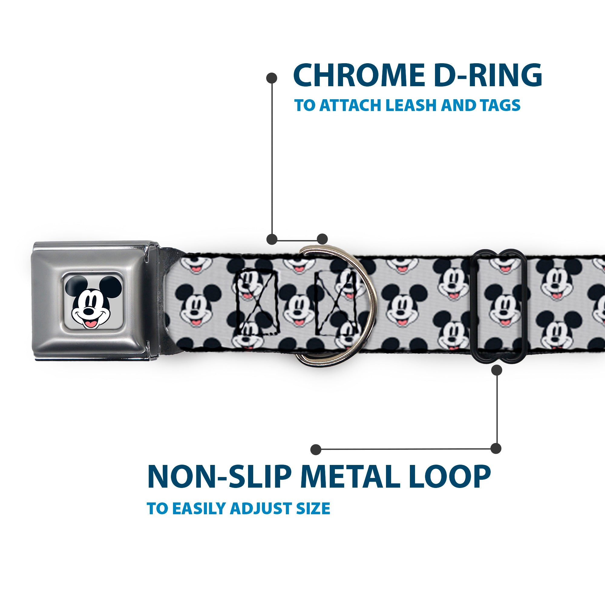 Mickey Mouse Smiling Face Full Color Gray Seatbelt Buckle Collar - Mickey Mouse Smiling Face Monogram Gray Seatbelt Buckle Collars Disney