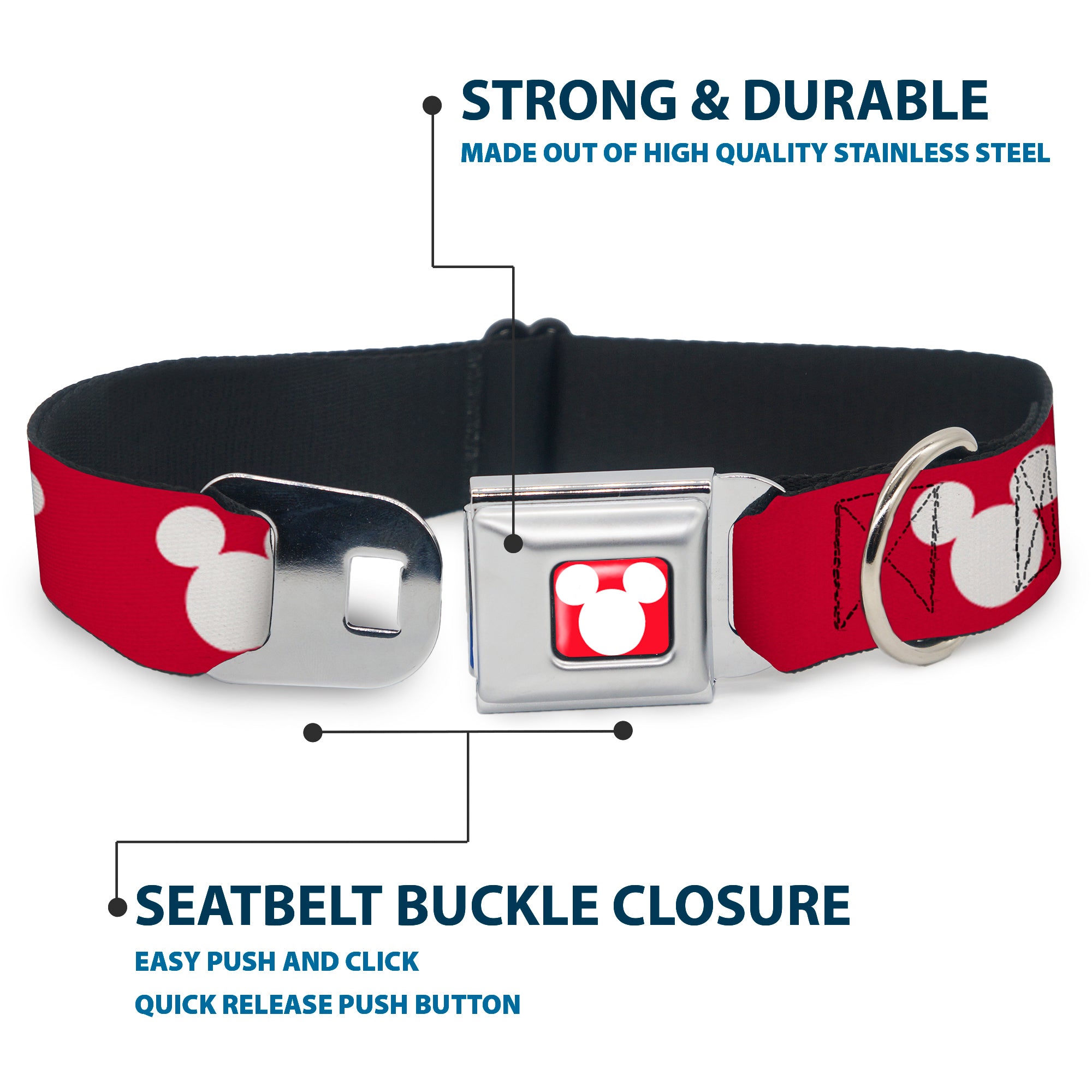Mickey Mouse Ears Icon Full Color Red/White Seatbelt Buckle Collar - Mickey Mouse Ears Icon Red/White Seatbelt Buckle Collars Disney