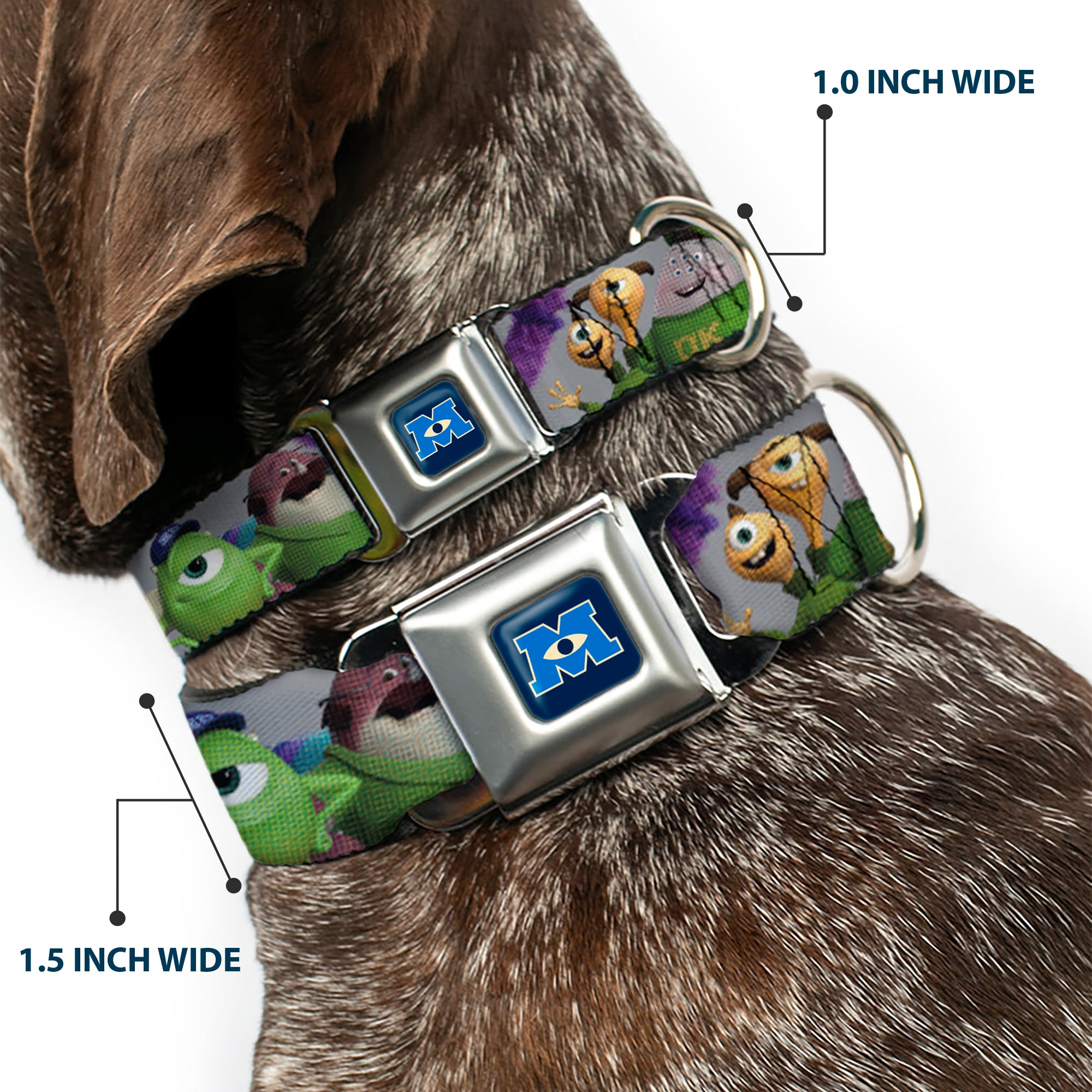 Monsters University Logo Full Color Blue/White Seatbelt Buckle Collar - Monsters University Character Lineup Gray Seatbelt Buckle Collars Disney