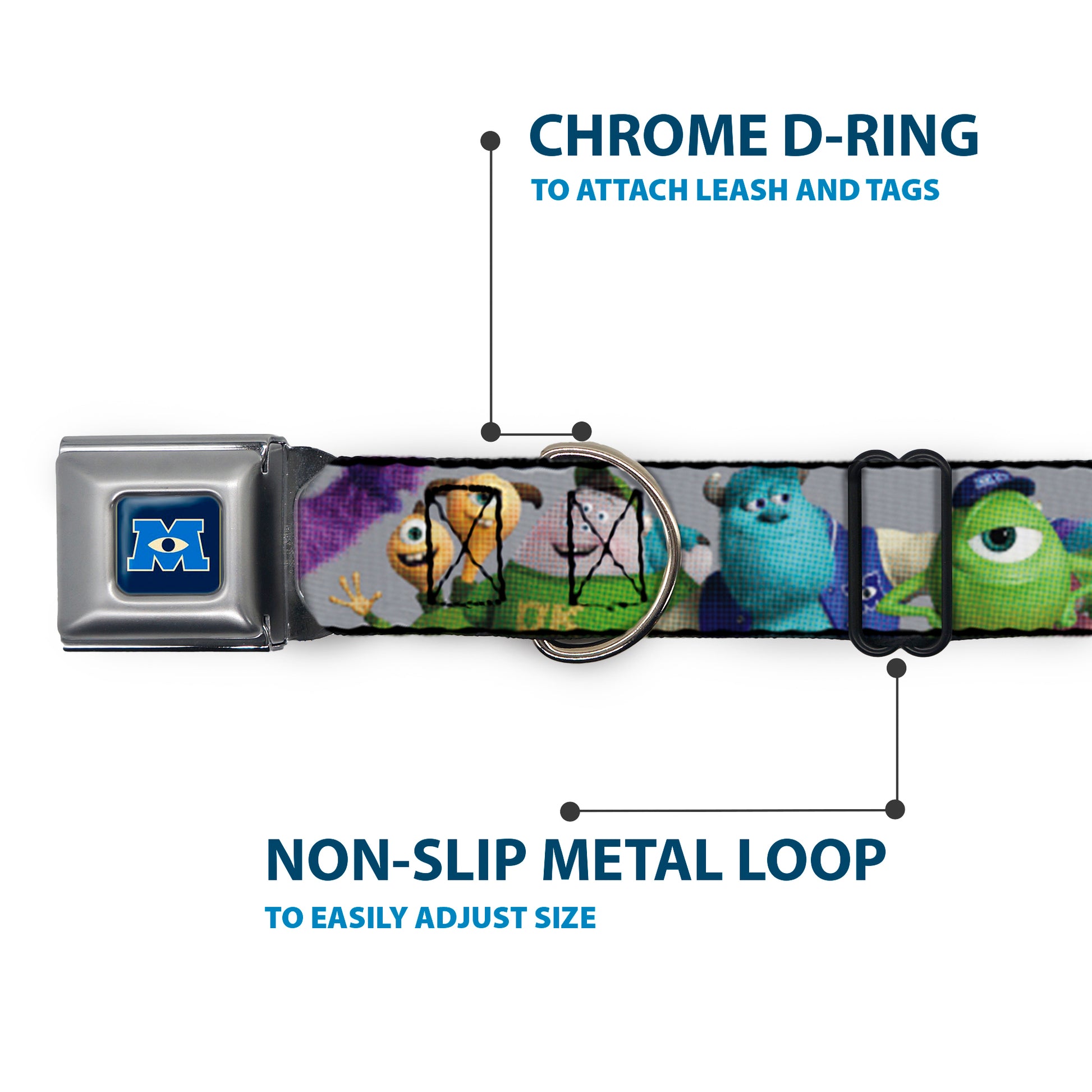 Monsters University Logo Full Color Blue/White Seatbelt Buckle Collar - Monsters University Character Lineup Gray Seatbelt Buckle Collars Disney
