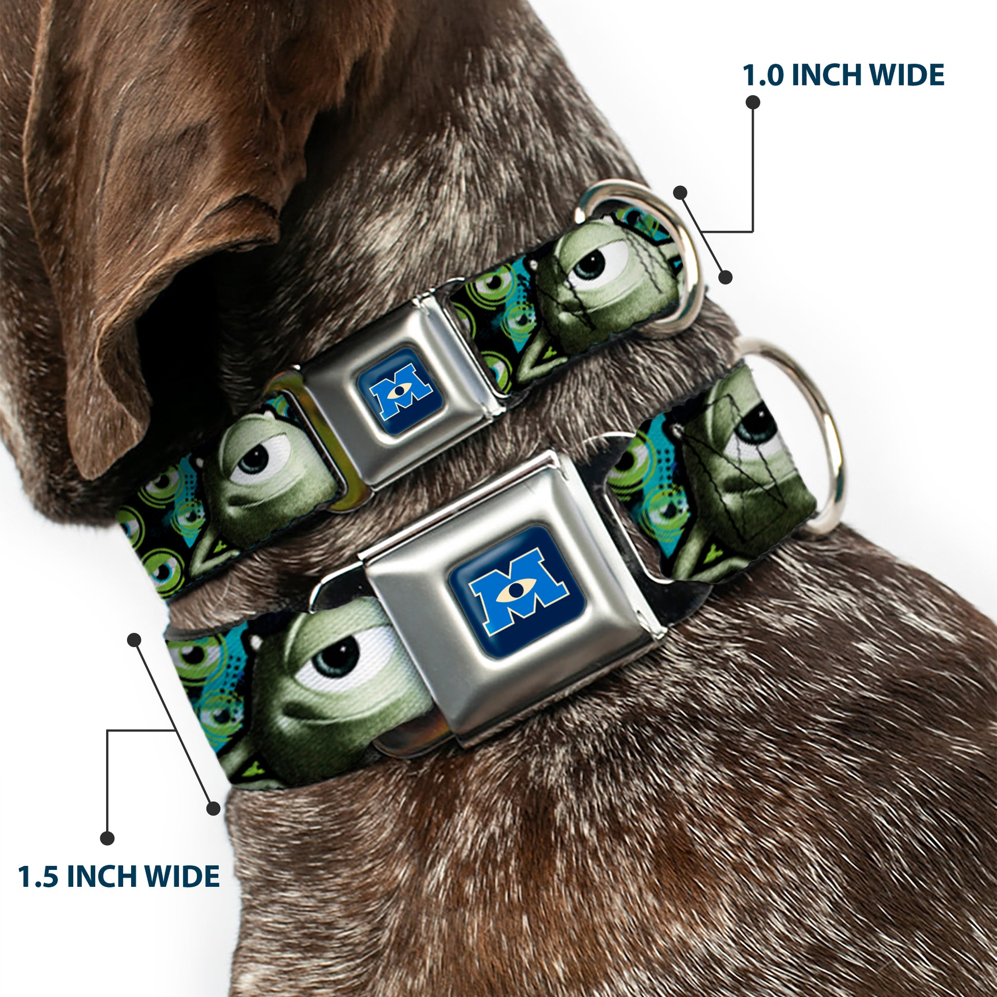 Monsters University Logo Full Color Blue White Seatbelt Buckle Collar - Mike Poses/Eyeballs Black/Greens Seatbelt Buckle Collars Disney