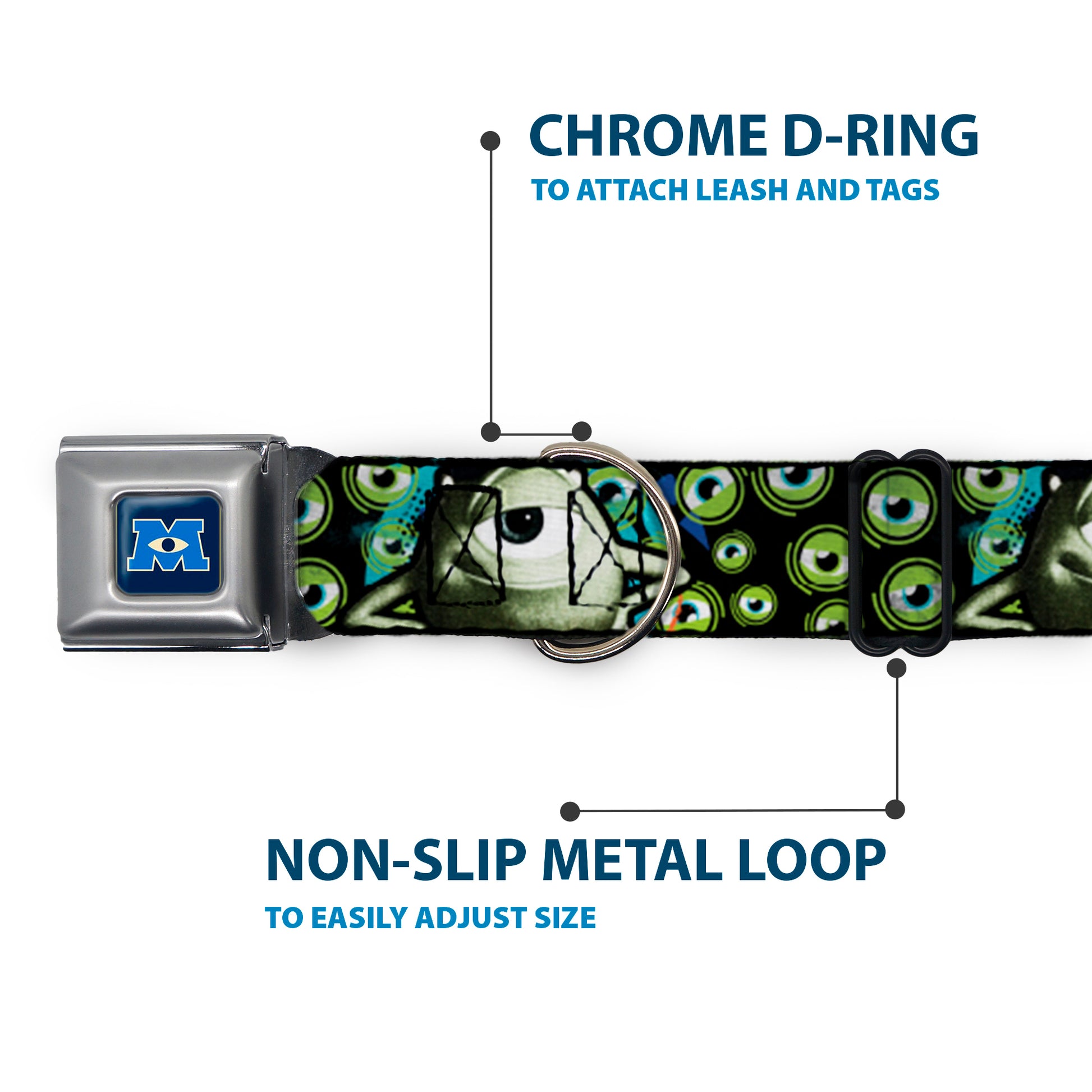 Monsters University Logo Full Color Blue White Seatbelt Buckle Collar - Mike Poses/Eyeballs Black/Greens Seatbelt Buckle Collars Disney