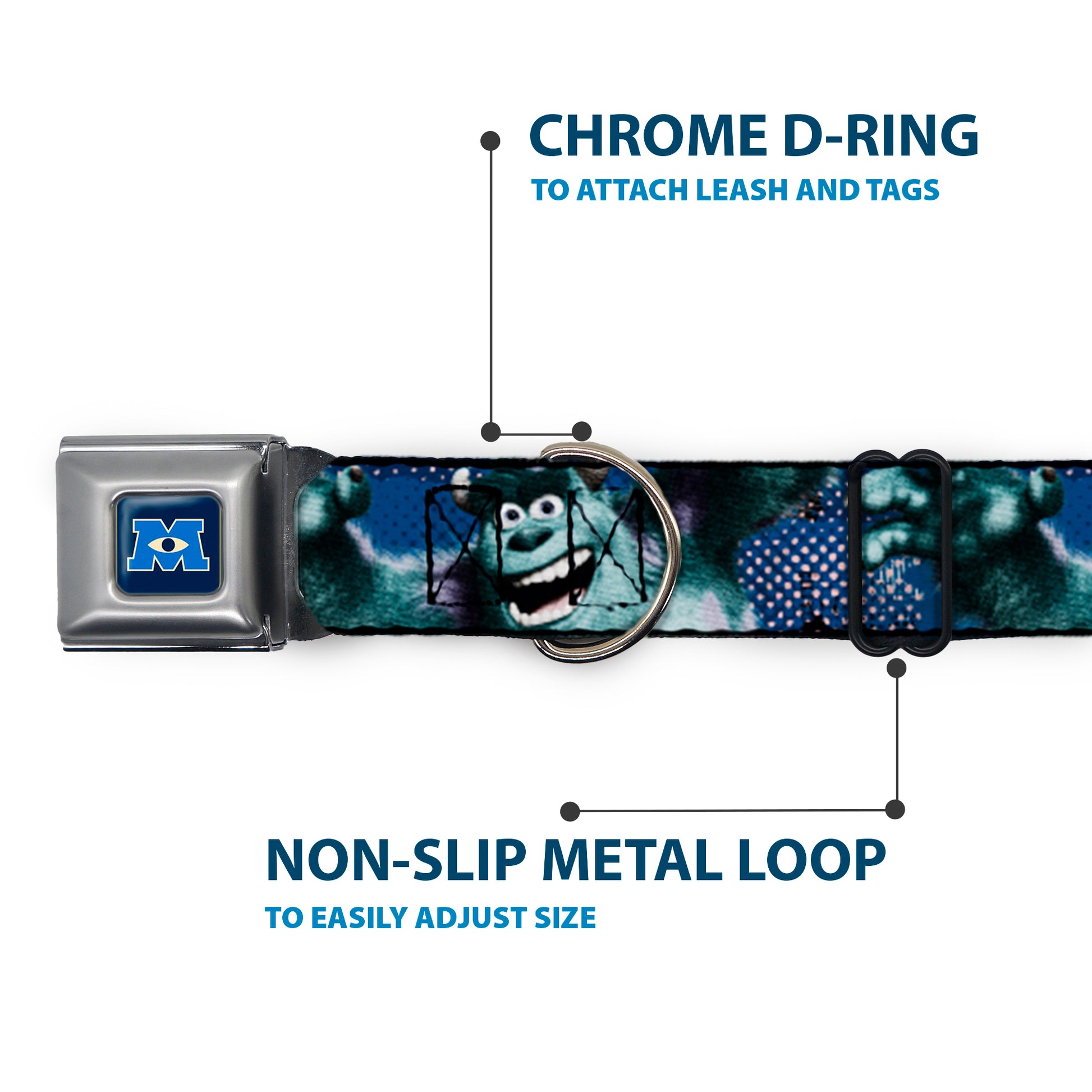 Monsters University Logo Full Color Blue White Seatbelt Buckle Collar - Sulley Scare Pose/Dots Blues/White Seatbelt Buckle Collars Disney
