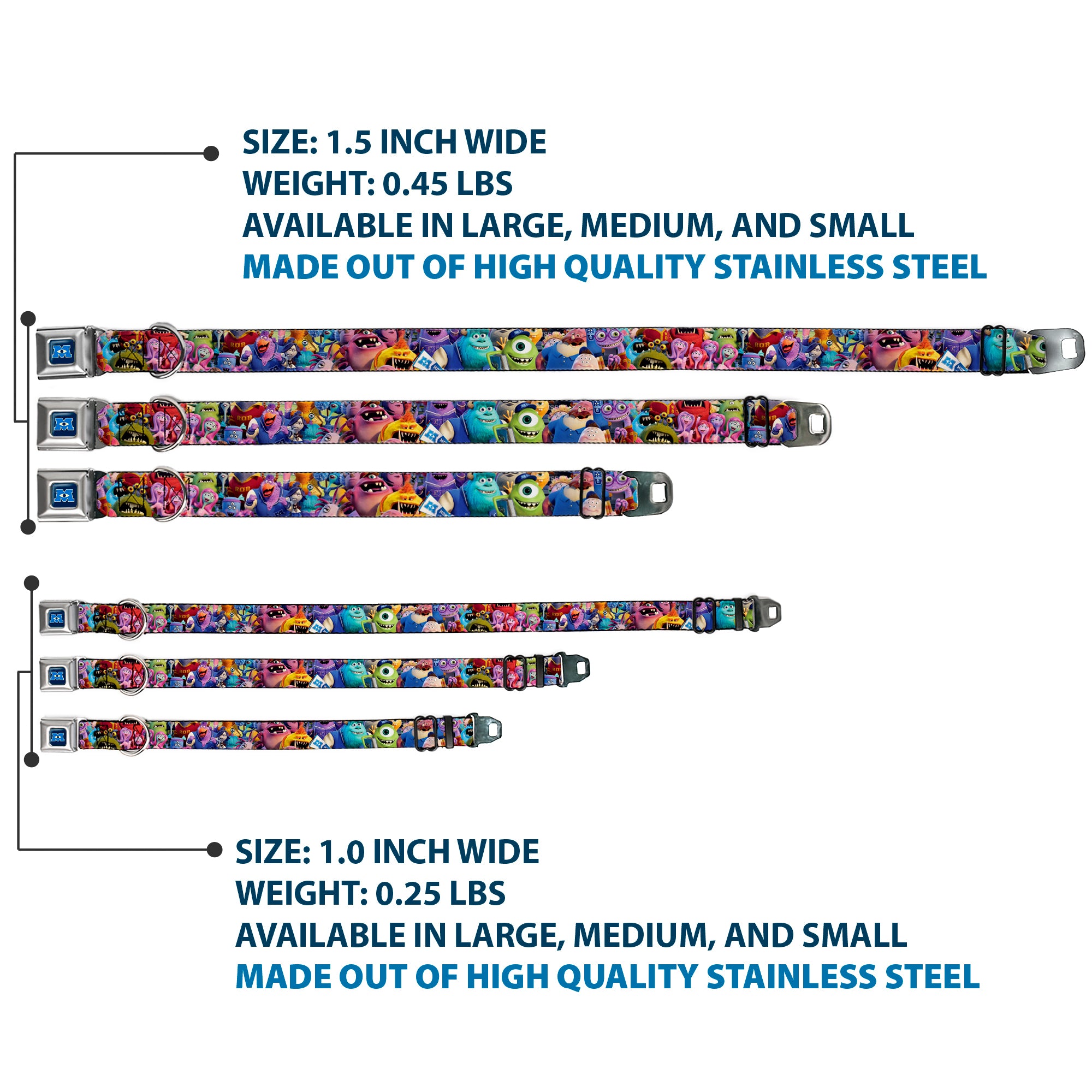 Monsters University Logo Full Color Blue White Seatbelt Buckle Collar - Monsters University Monsters Stacked Seatbelt Buckle Collars Disney