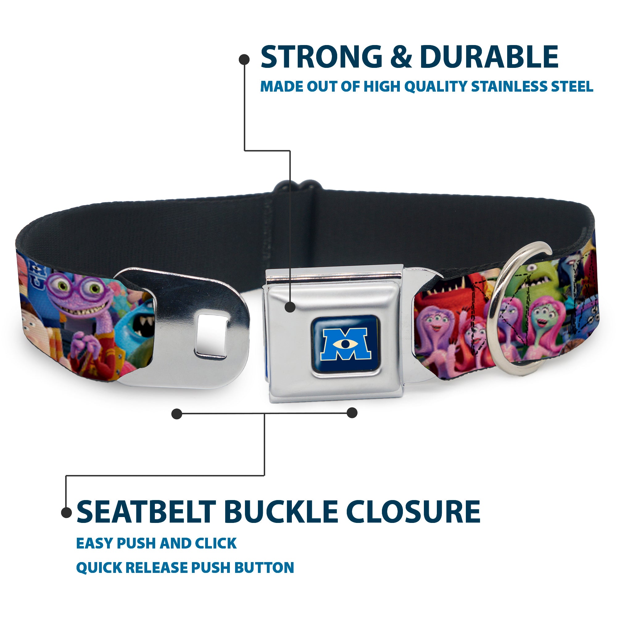 Monsters University Logo Full Color Blue White Seatbelt Buckle Collar - Monsters University Monsters Stacked Seatbelt Buckle Collars Disney